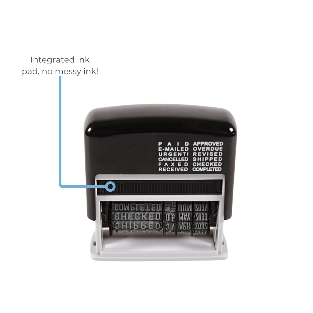 Cathedral 12-in-1 Self Inking Date Stamp - Date Stamp Plus 12 Phrases - Black