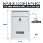 Wall Mounted Post Box – Lockable Outdoor Letterbox, Galvanised Steel, 32x22cm, Black & White