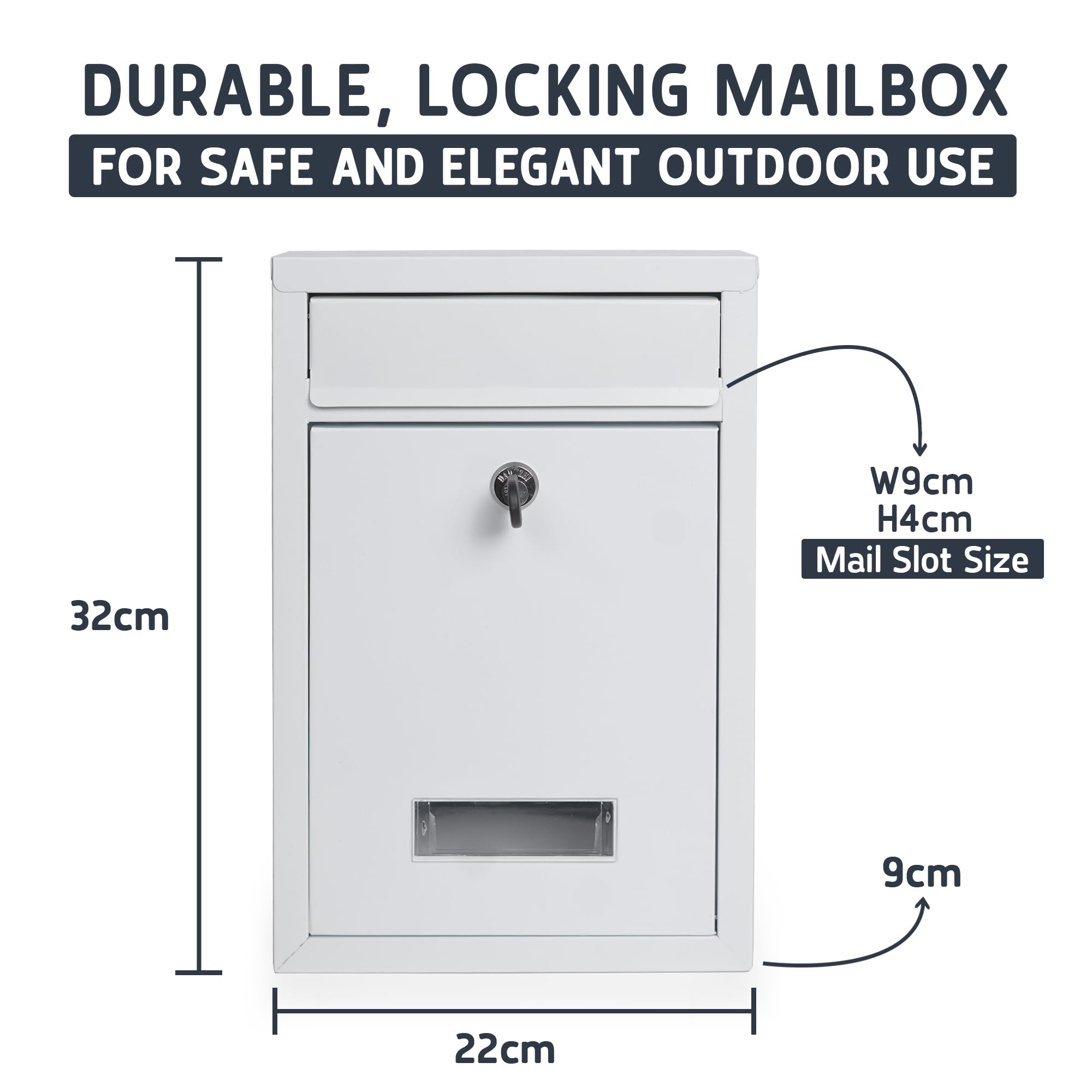 Wall Mounted Post Box – Lockable Outdoor Letterbox, Galvanised Steel, 32x22cm, Black & White