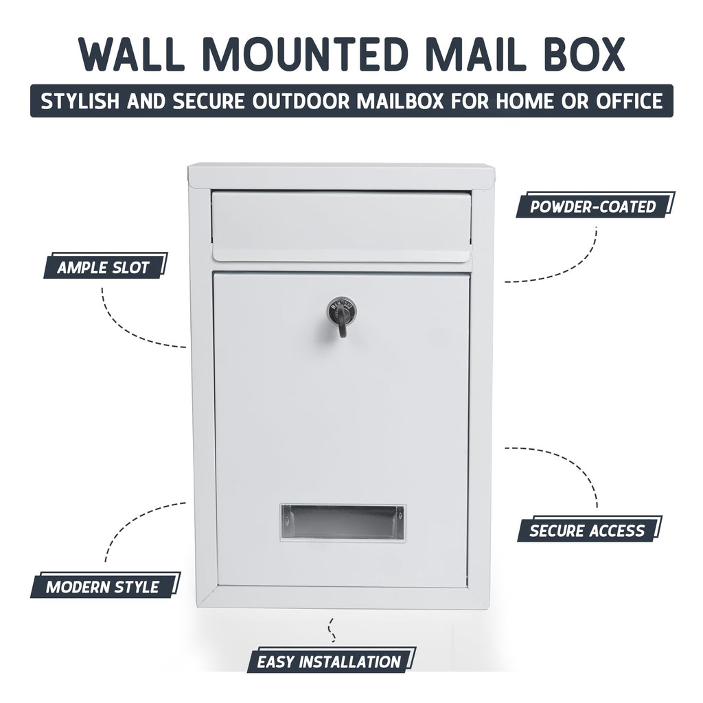 Wall Mounted Post Box – Lockable Outdoor Letterbox, Galvanised Steel, 32x22cm, Black & White
