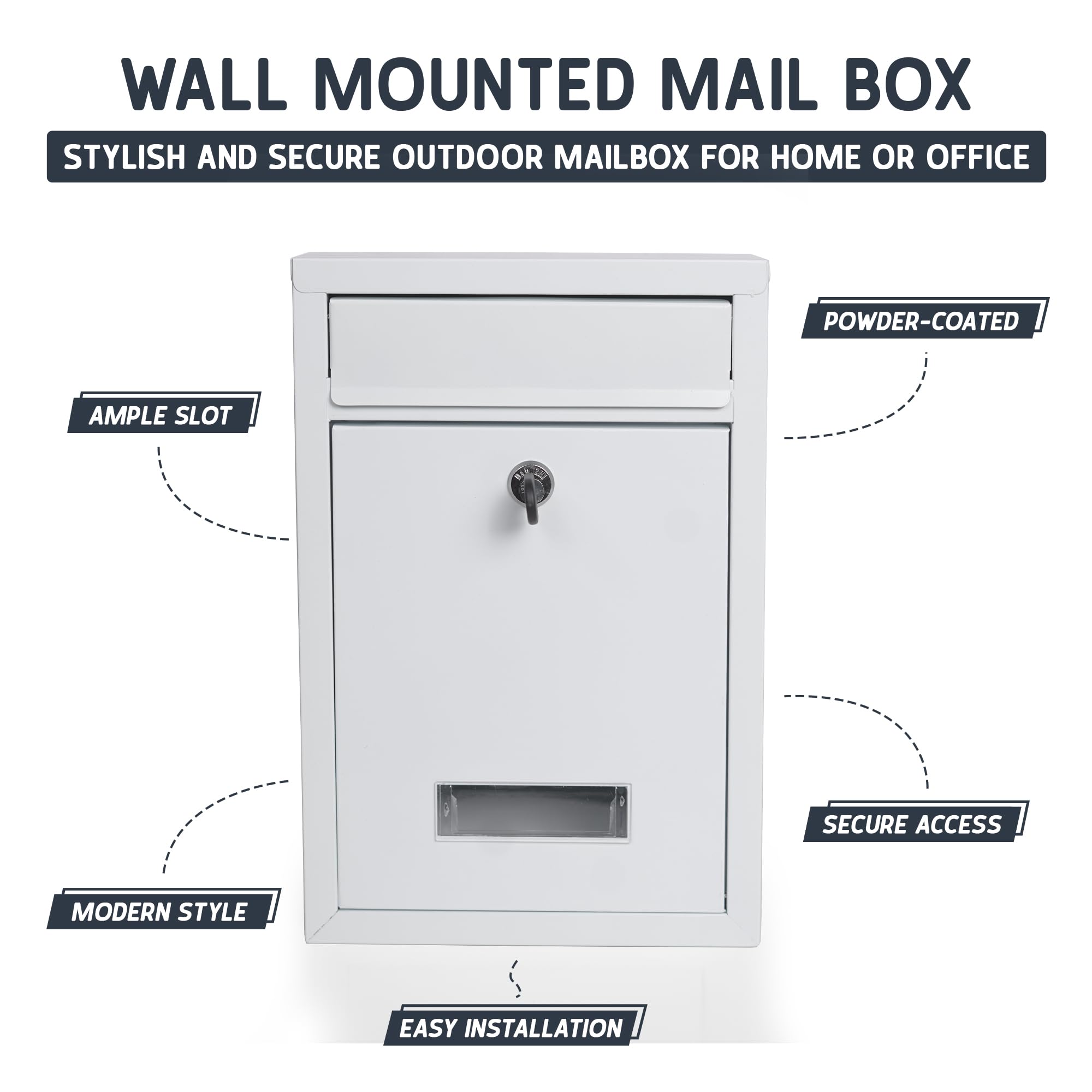Wall Mounted Post Box – Lockable Outdoor Letterbox, Galvanised Steel, 32x22cm, Black & White