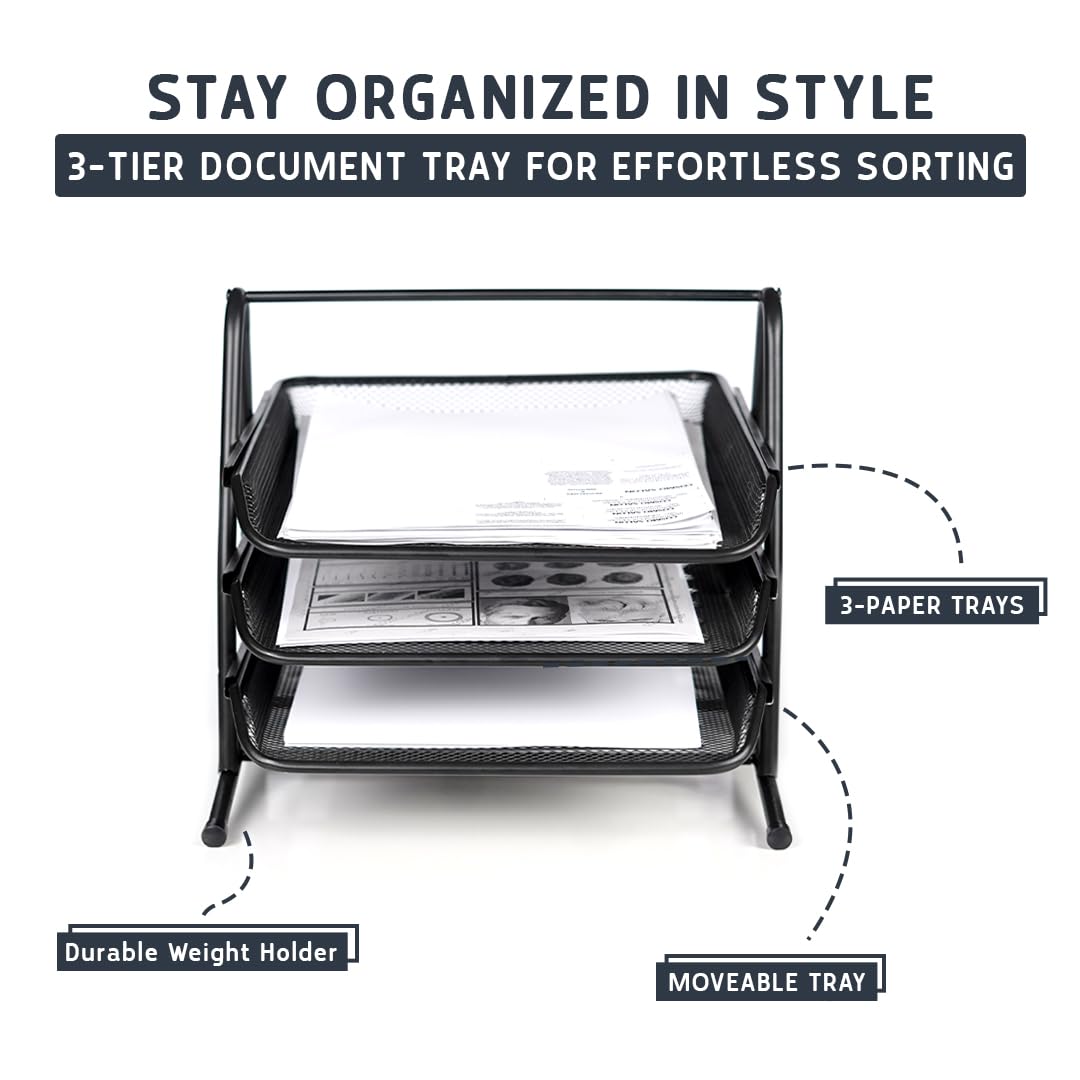 Mesh 3 Tier Office Filing Paper Letter Trays Stackable for Home & Office