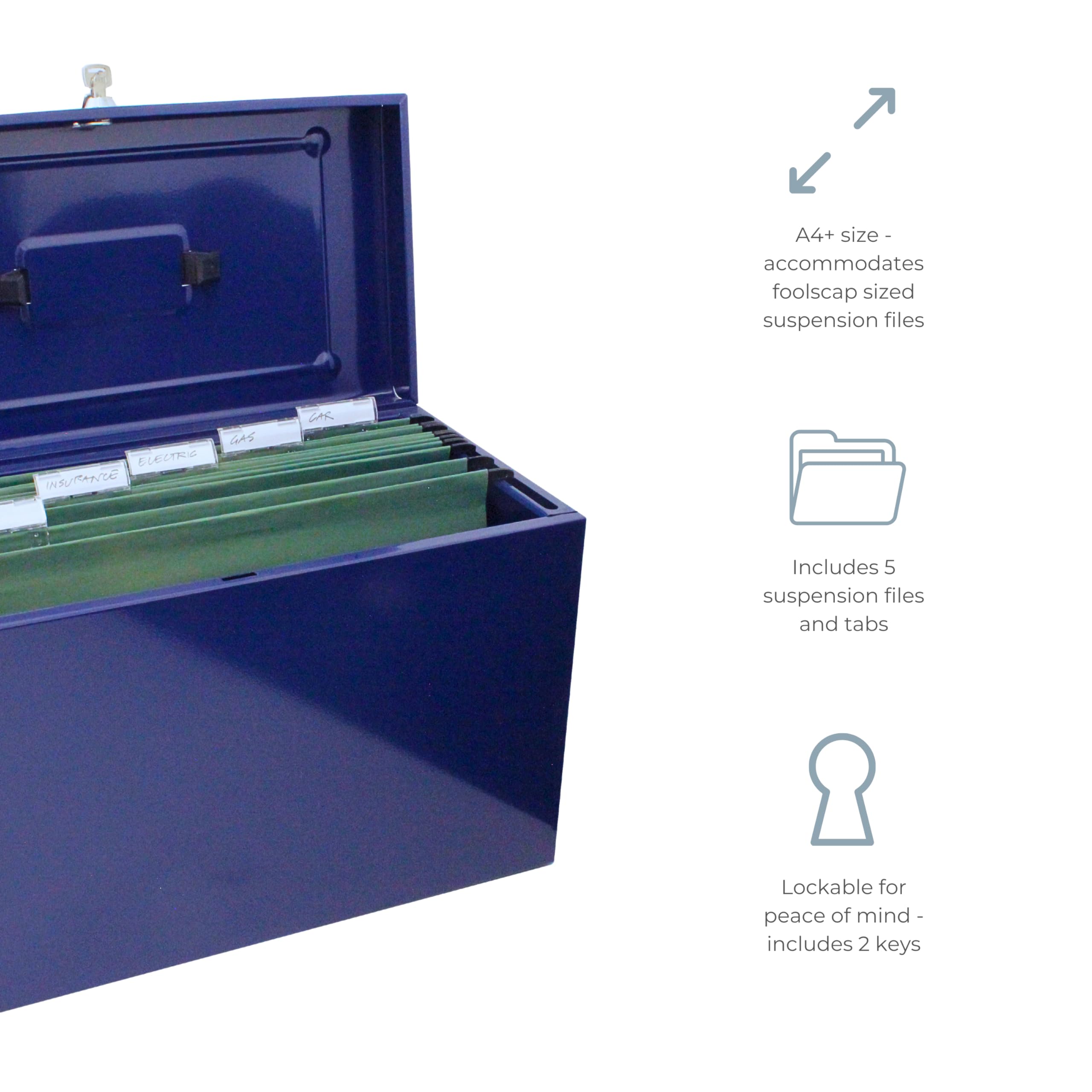 Cathedral A4+ (Foolscap) Steel File Box with Starter Pack of 5 Suspension Files - Blue