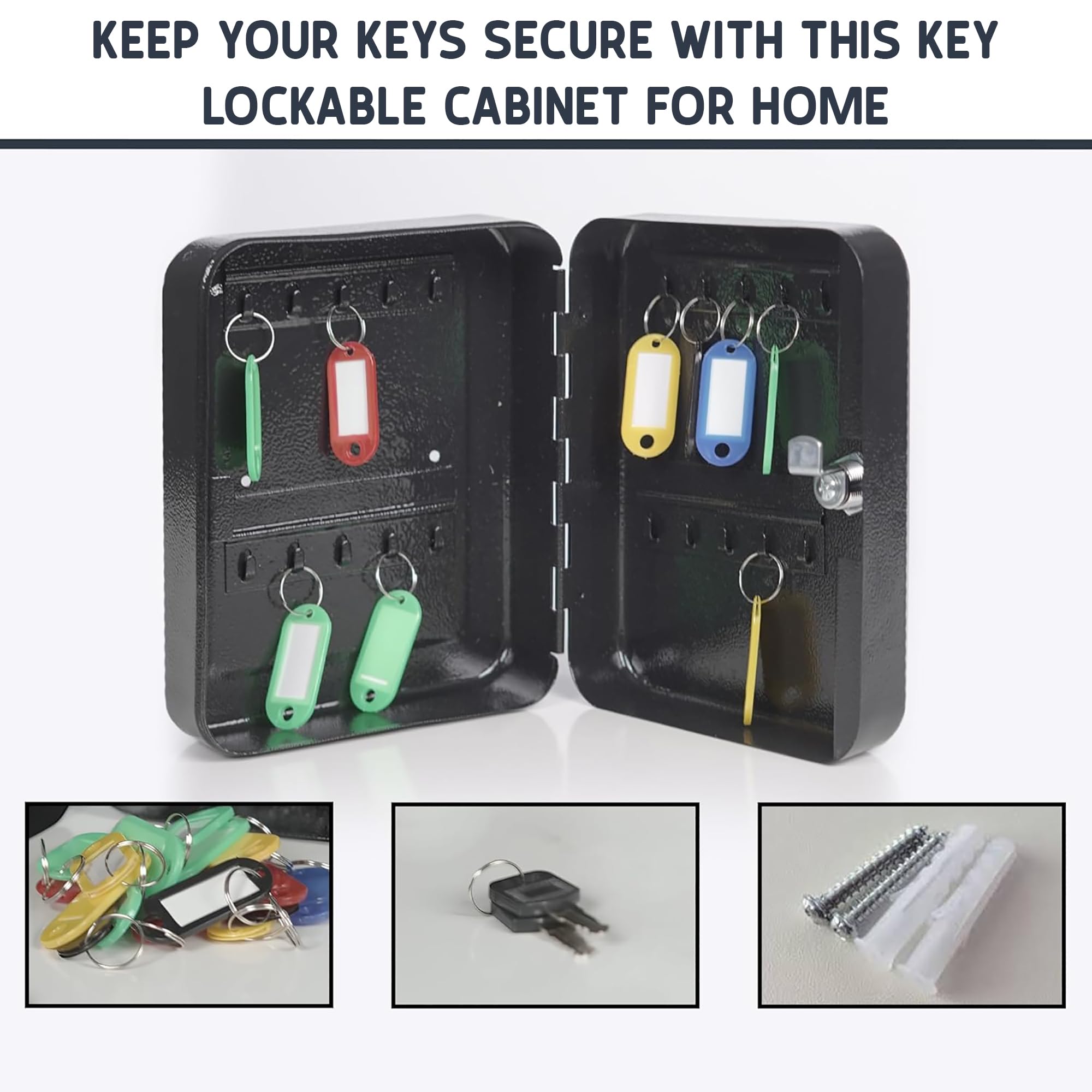 Key Cabinet Wall Mounted – Lockable 20 Hook Key Safe Box, Black