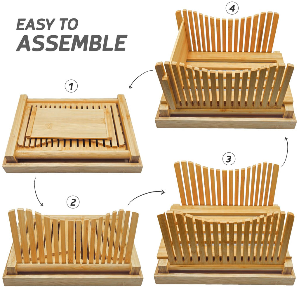 Bamboo Bread Slicer – Adjustable Thickness Loaf Cutter, Crumb Catcher Tray, Food-Safe Wood