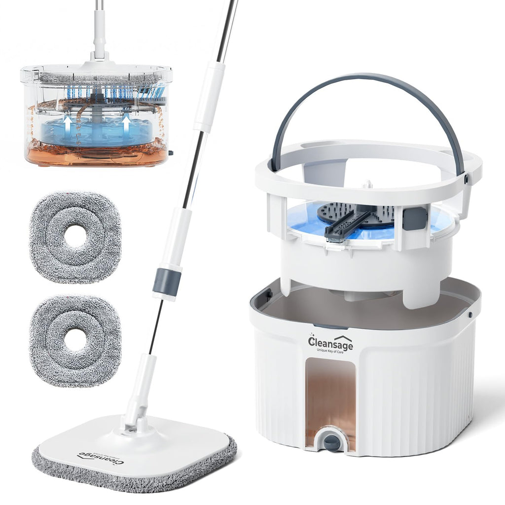 Cleansage® AquaPro Spin Mop and Buckets Sets for Cleaning Wooden Laminate Tiled Floors - Separates Clean/Dirty Water, 360° Spinning Wet & Dry 3x Microfibre Flat Head Replacement, Long Handle Included