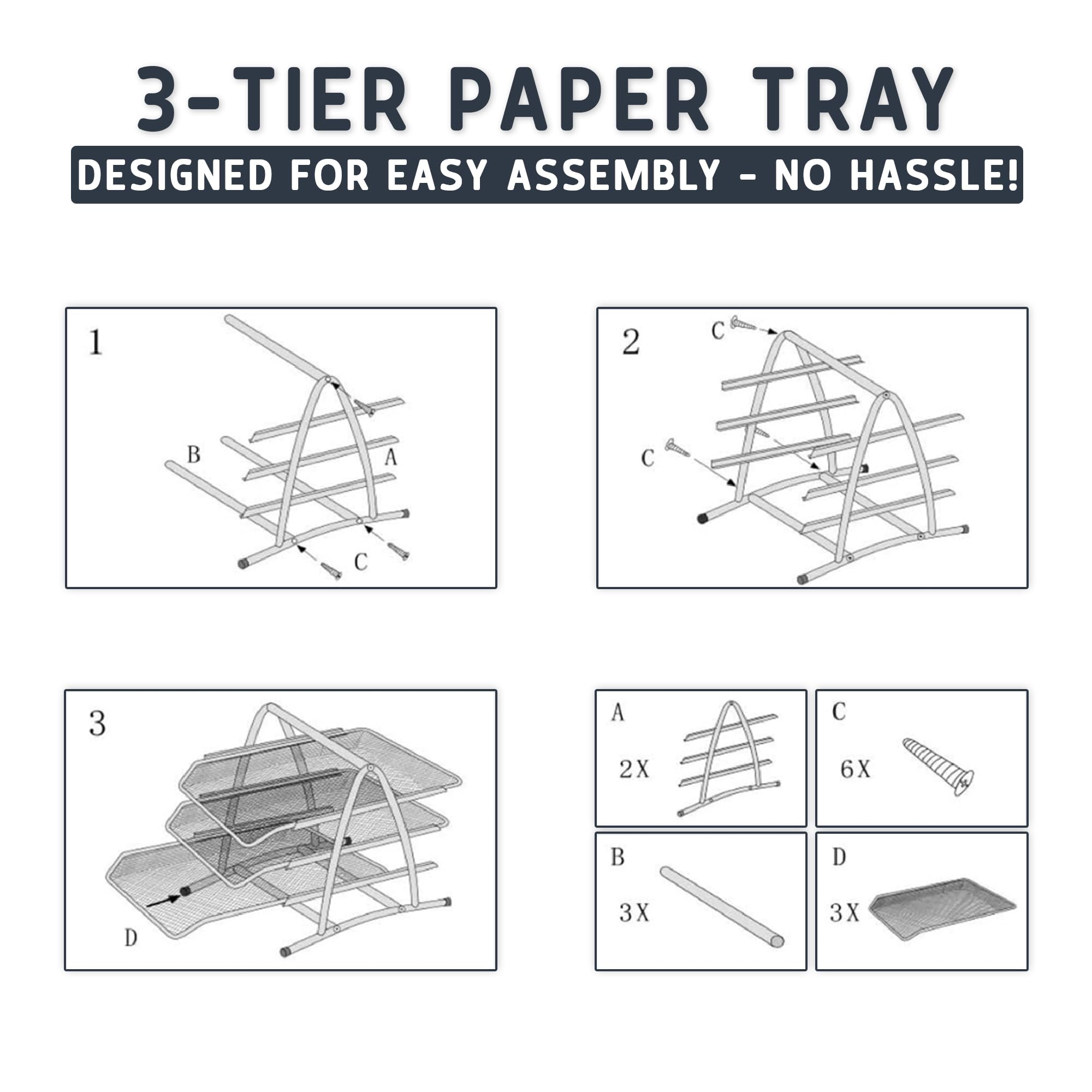 Mesh 3 Tier Office Filing Paper Letter Trays Stackable for Home & Office