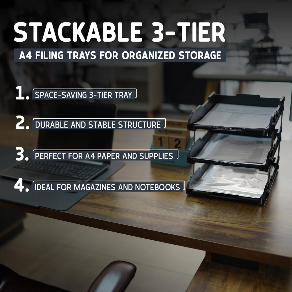 3-Tier Paper Tray - Stackable Desk Organiser Tray - Filing Trays for Letters, Paper, Documents, Magazines