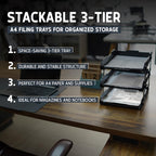 3-Tier Paper Tray - Stackable Desk Organiser Tray - Filing Trays for Letters, Paper, Documents, Magazines