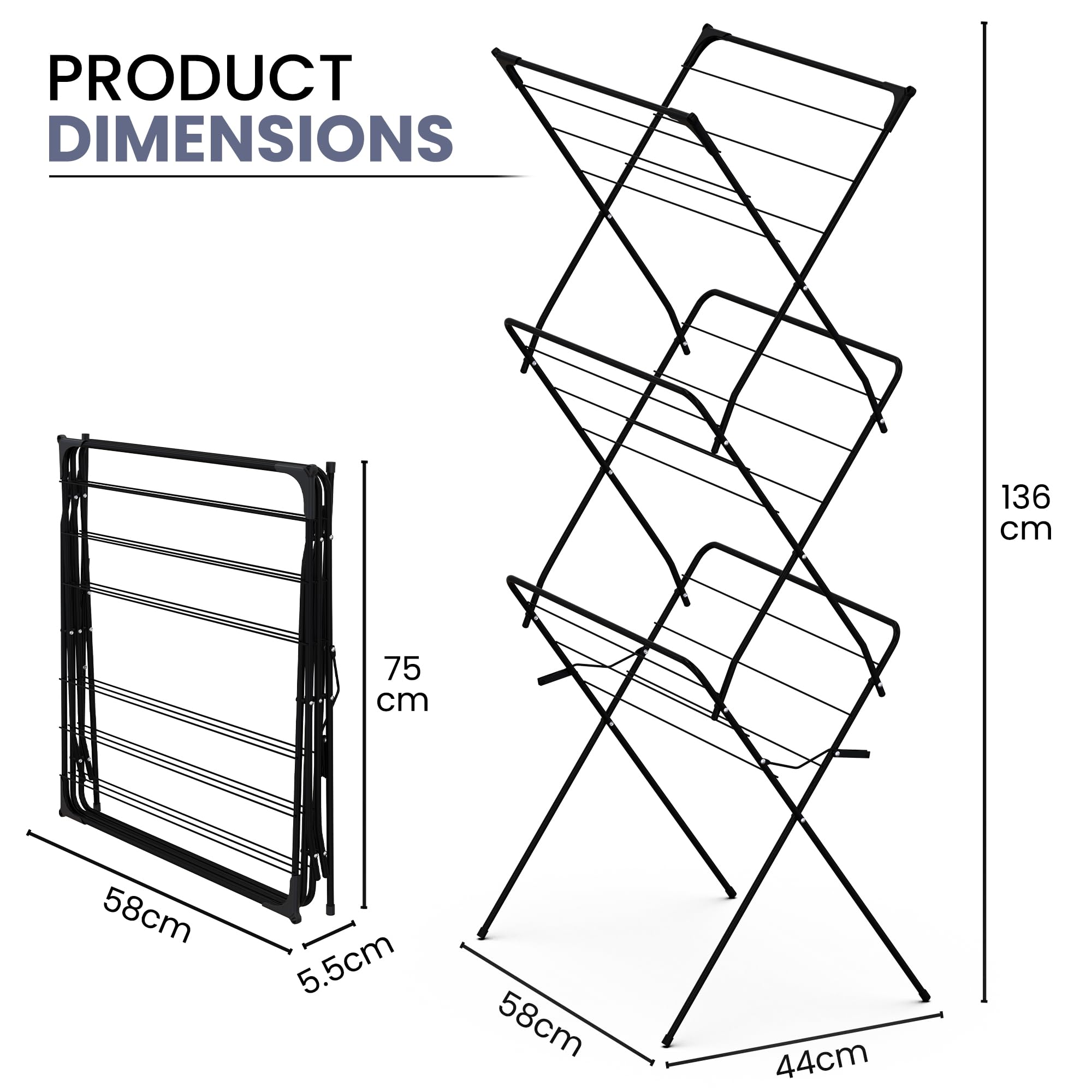 Clothes Airer 3-Tier Folding – Compact Maiden Drying Rack, 18m, 10kg, Metal, Black