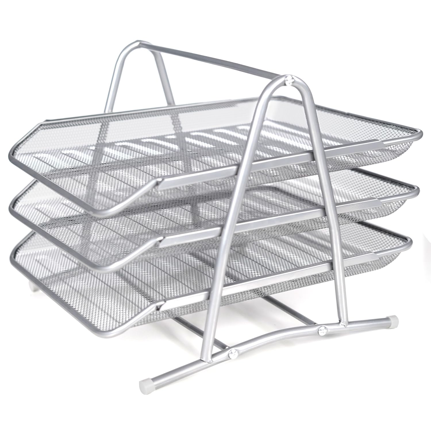 Mesh Desk Storage Organiser, 3 Tier Office Filing Paper Letter Trays Stackable for Home & Office - Easy to Assemble - Silver