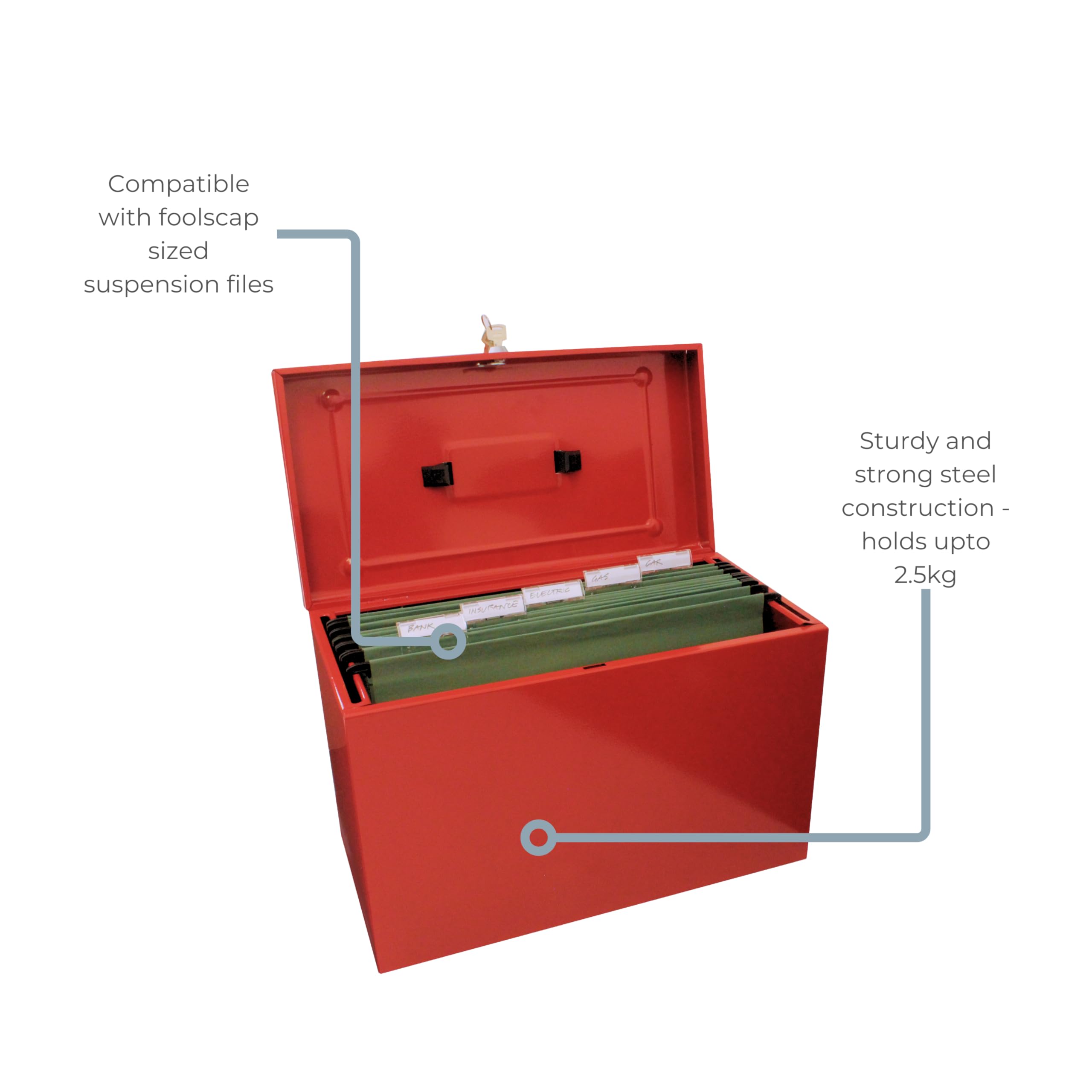 Cathedral A4+ (Foolscap) Steel File Box with Starter Pack of 5 Suspension Files - Red