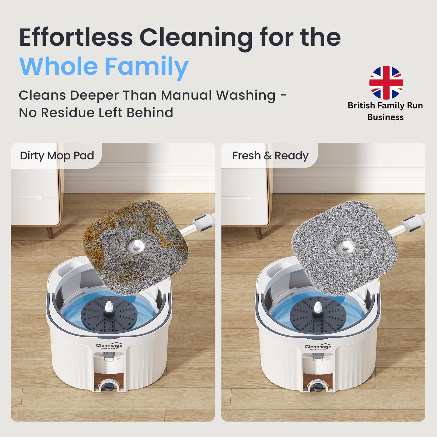 Spin Mop and Bucket Set with Clean & Dirty Water Separation, 360° Flat Head, 3 Microfibre Pads