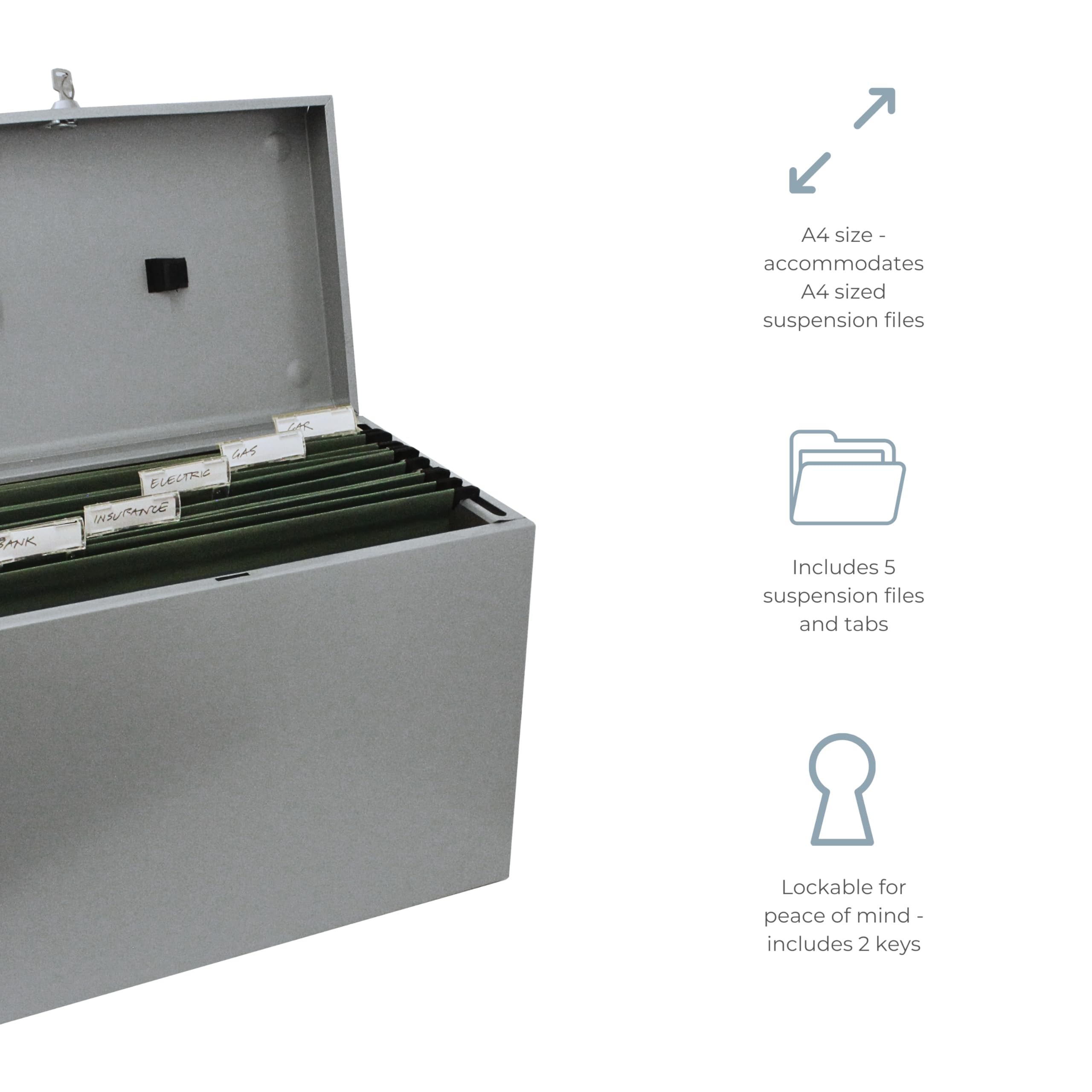Cathedral A4 Steel File Box with Starter Pack of 5 Suspension Files - Grey