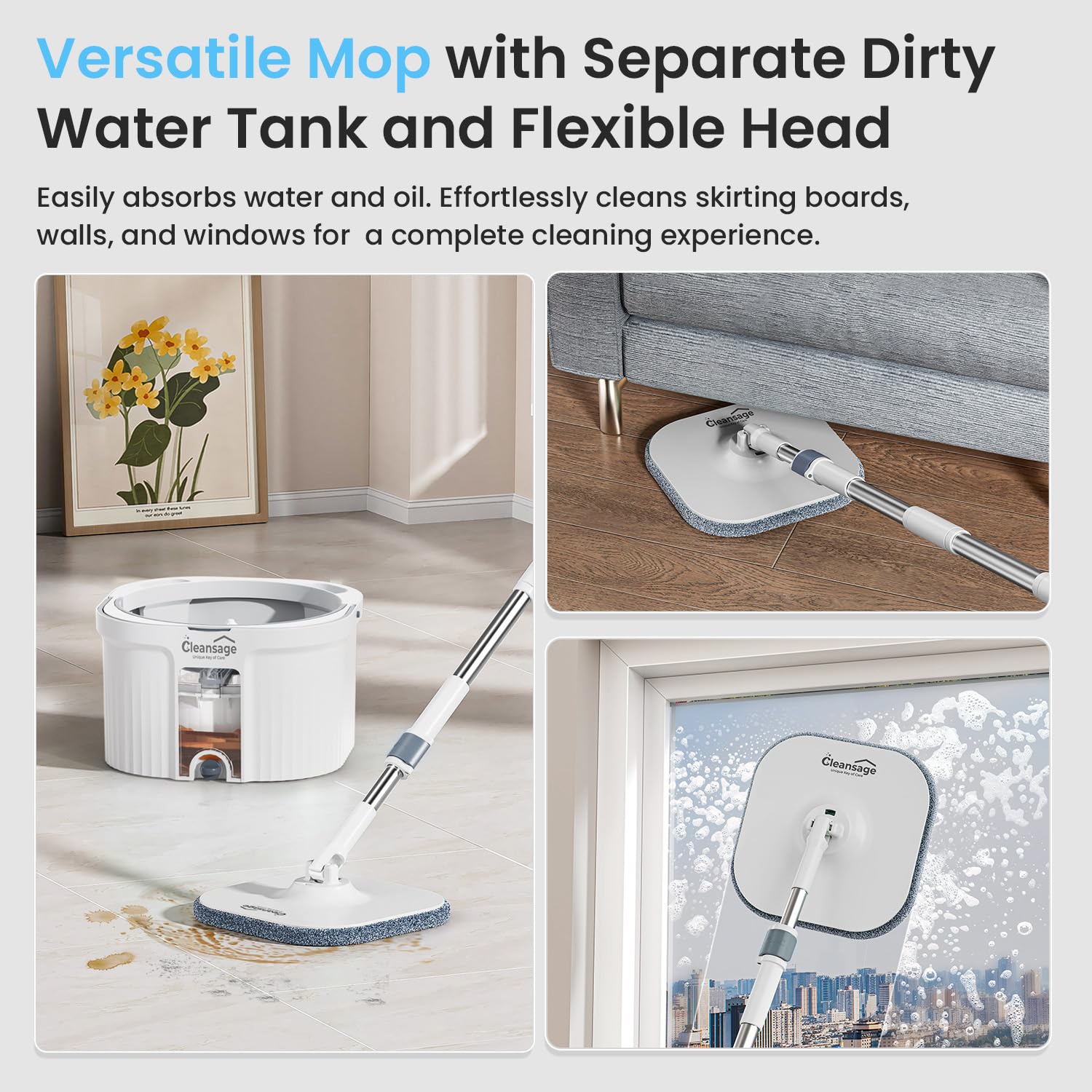 Spin Mop and Bucket Set with Clean & Dirty Water Separation, 360° Flat Head, 3 Microfibre Pads