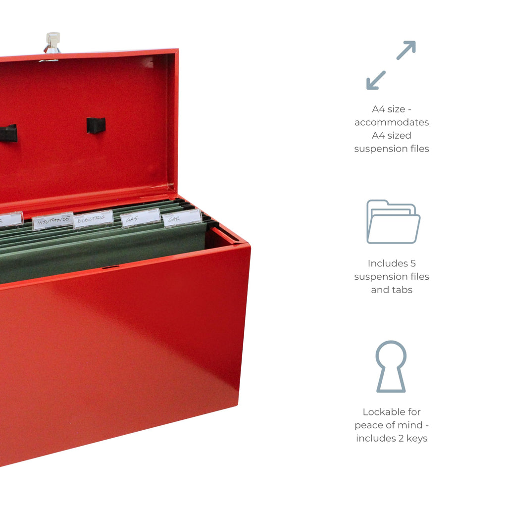 Cathedral A4 Steel File Box with Starter Pack of 5 Suspension Files - Red