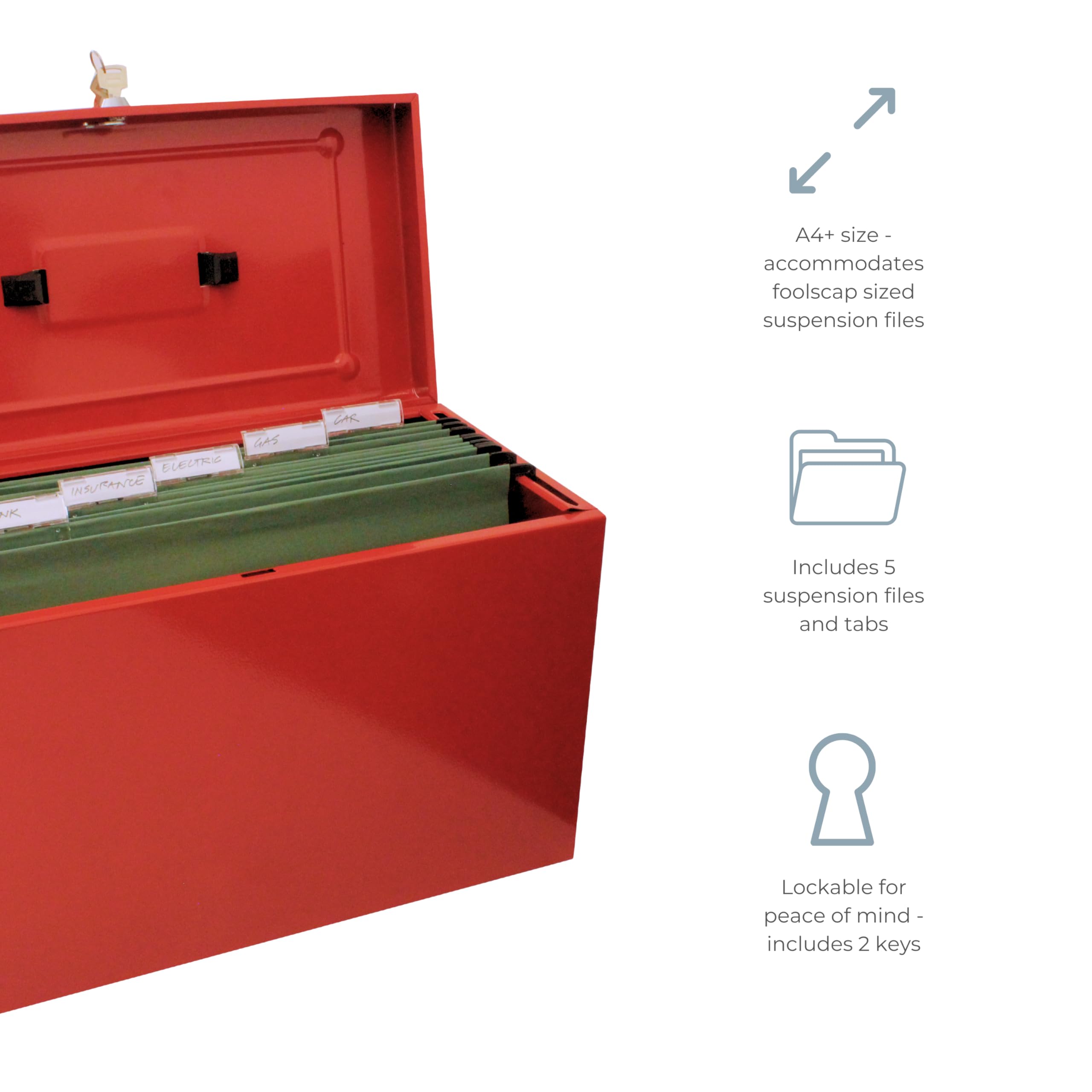 Cathedral A4+ (Foolscap) Steel File Box with Starter Pack of 5 Suspension Files - Red