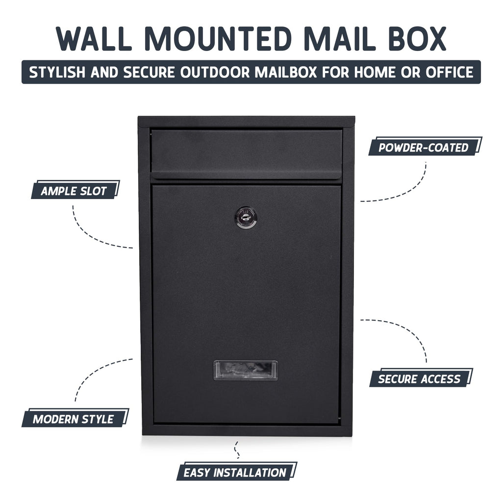 Wall Mounted Post Box – Lockable Outdoor Letterbox, Galvanised Steel, 32x22cm, Black & White