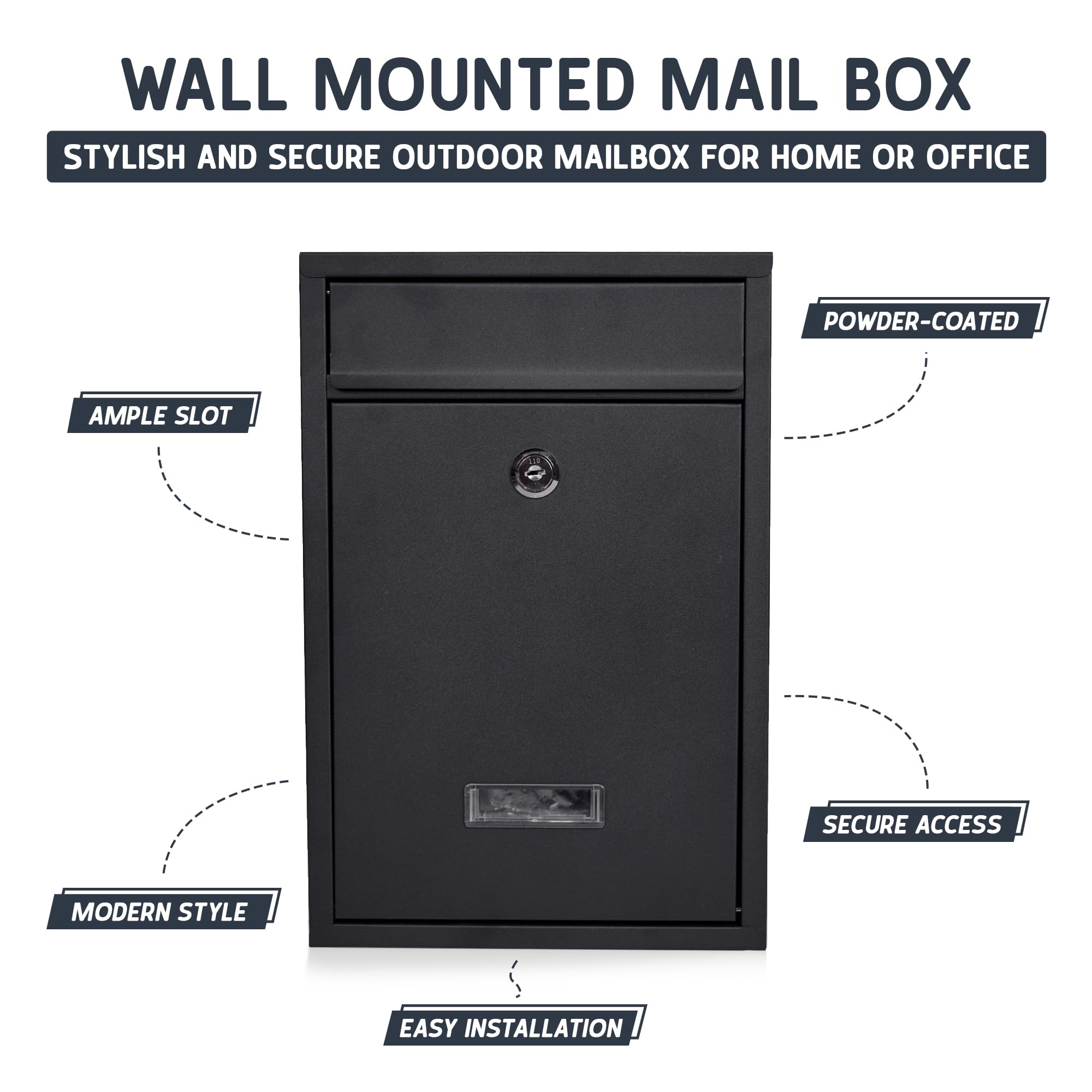 Wall Mounted Post Box – Lockable Outdoor Letterbox, Galvanised Steel, 32x22cm, Black & White