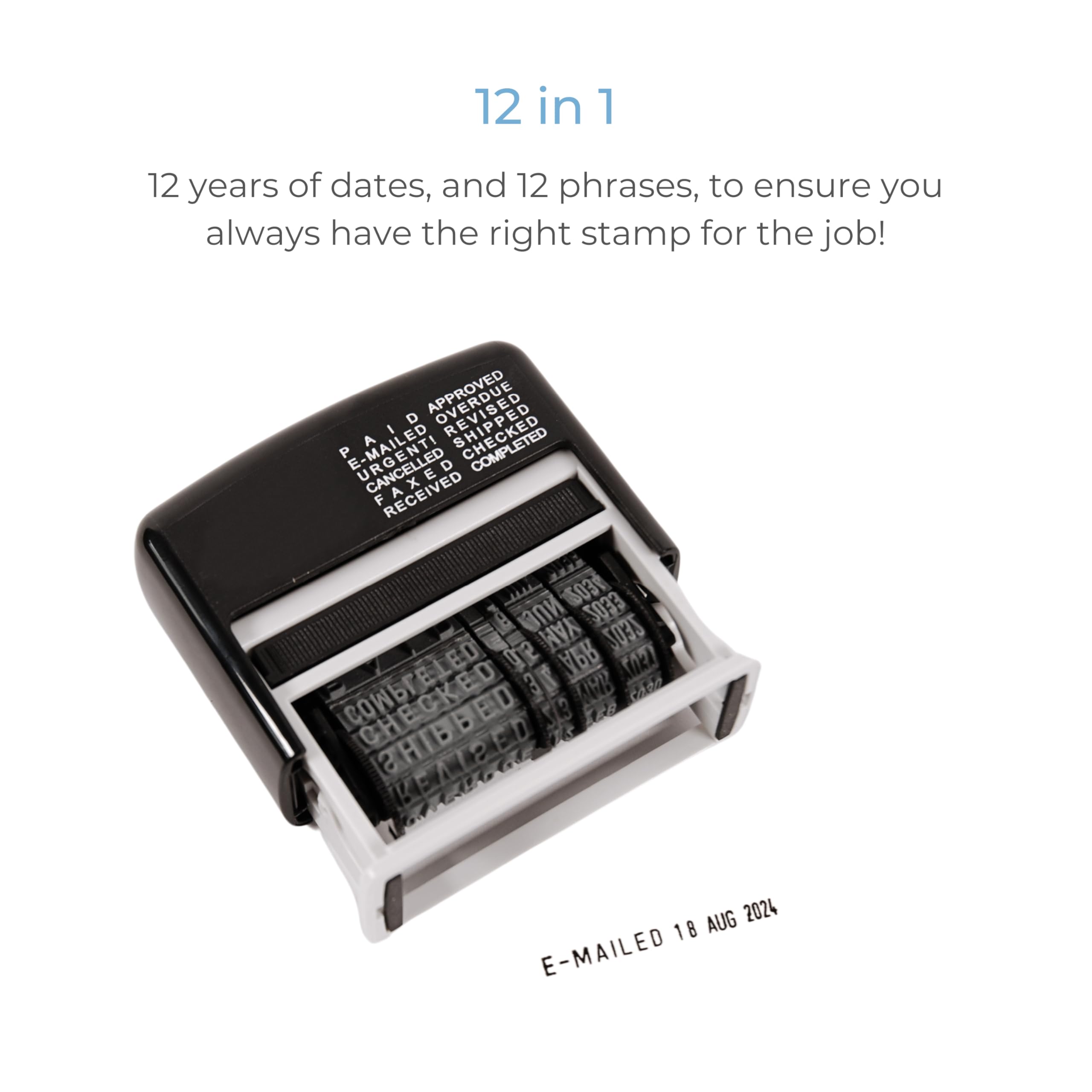Cathedral 12-in-1 Self Inking Date Stamp - Date Stamp Plus 12 Phrases - Black