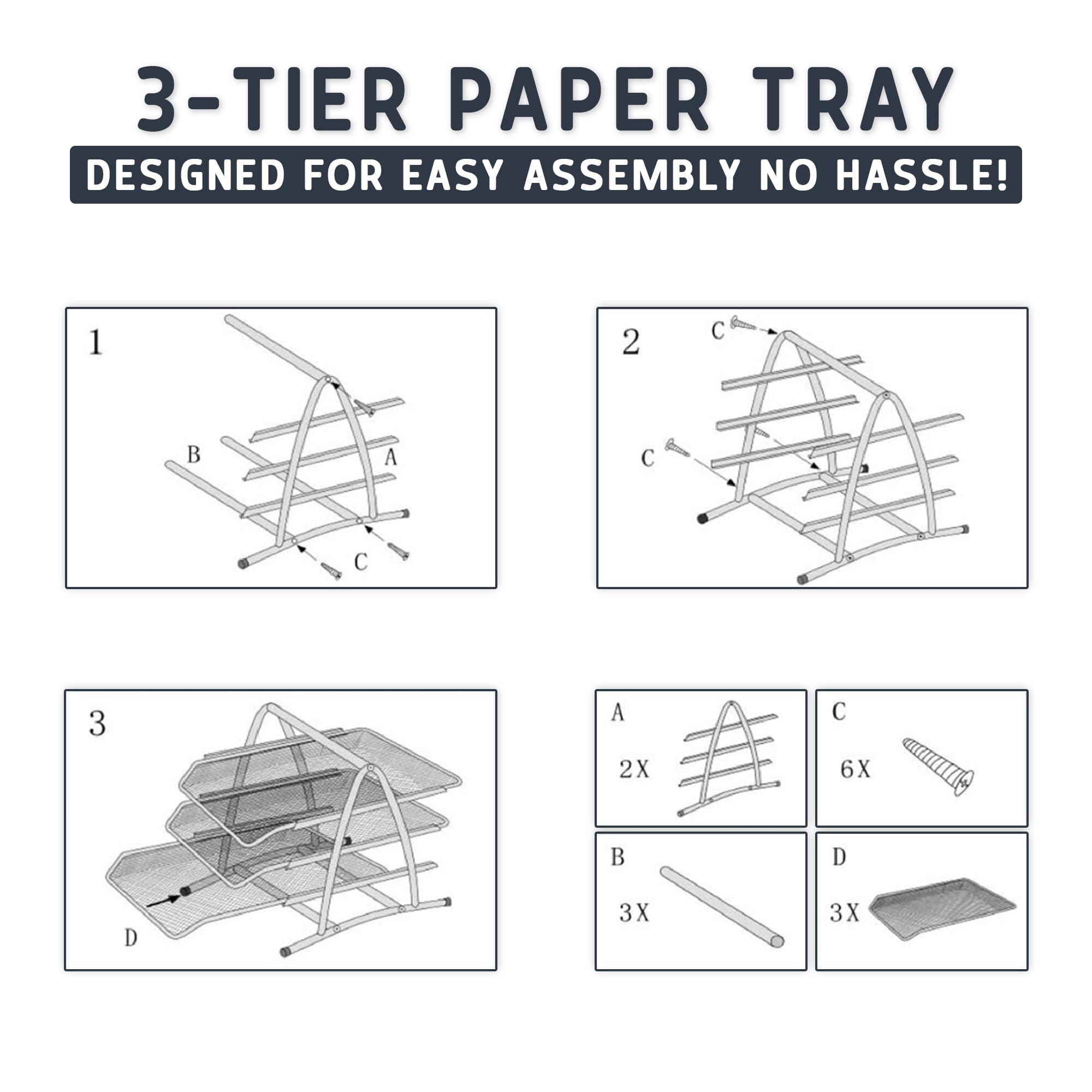 Mesh 3 Tier Office Filing Paper Letter Trays Stackable for Home & Office