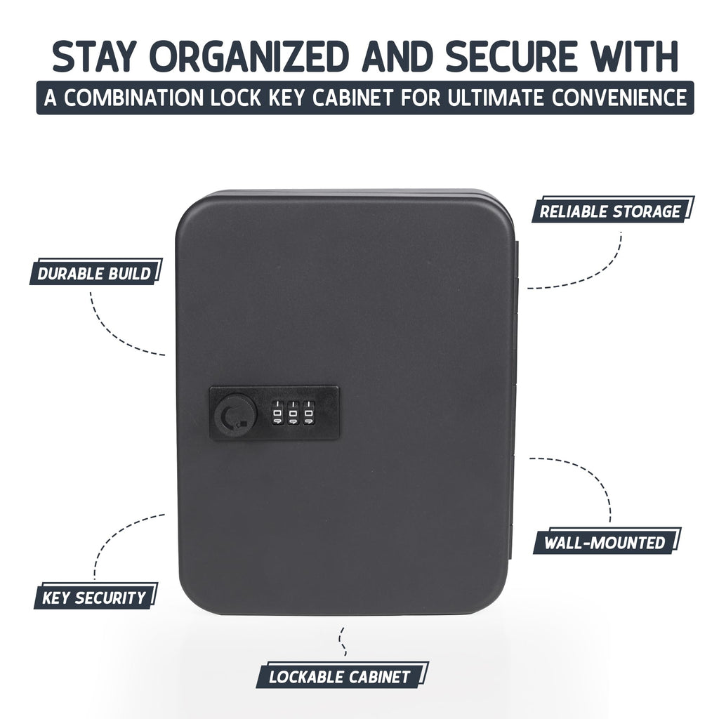 Combination Key Box Wall Mounted – 20 Hook Key Safe Cabinet, Black