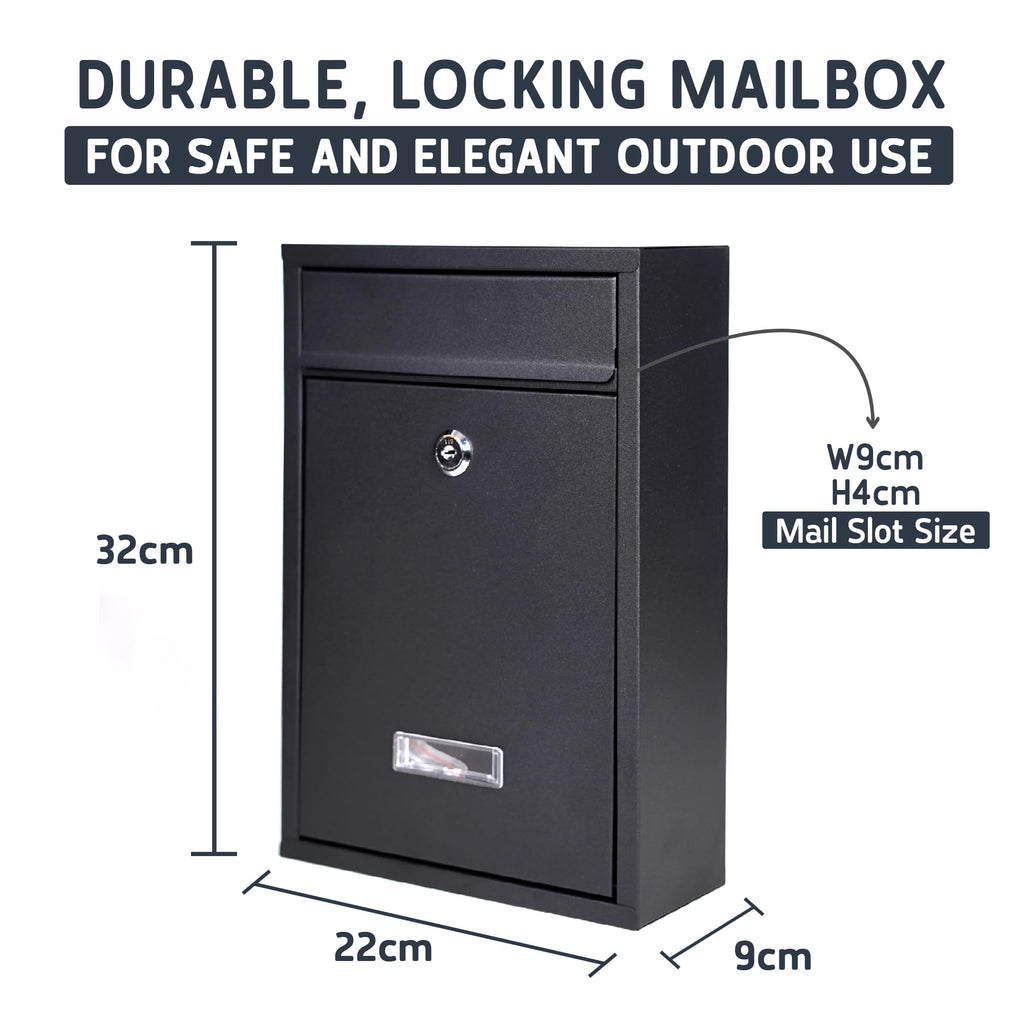 Wall Mounted Post Box – Lockable Outdoor Letterbox, Galvanised Steel, 32x22cm, Black & White