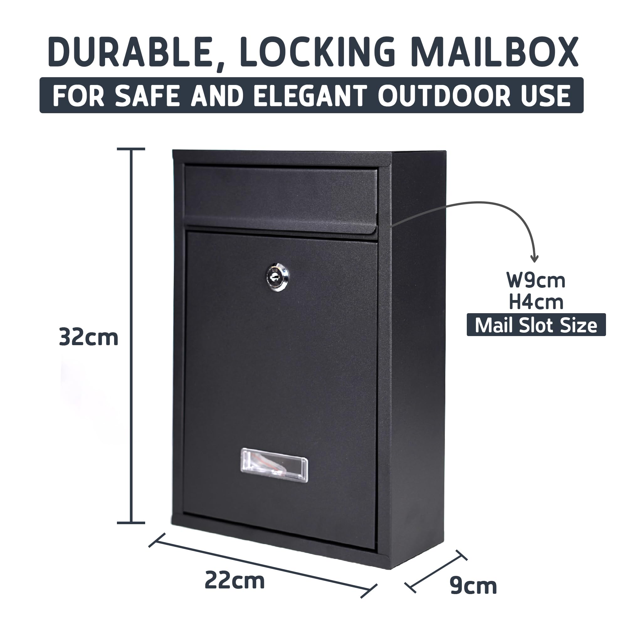 Wall Mounted Post Box – Lockable Outdoor Letterbox, Galvanised Steel, 32x22cm, Black & White