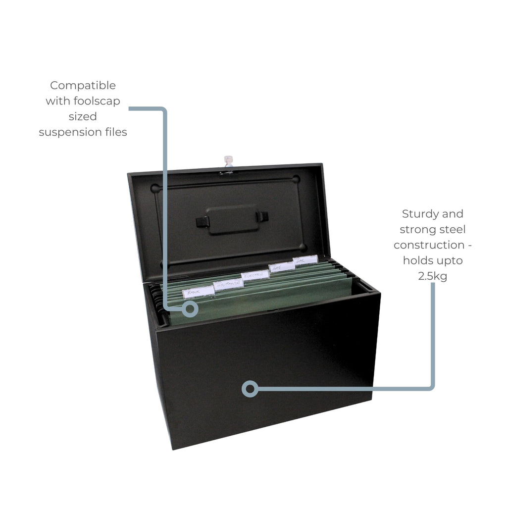 Cathedral A4+ (Foolscap) Steel File Box with Starter Pack of 5 Suspension Files - Black