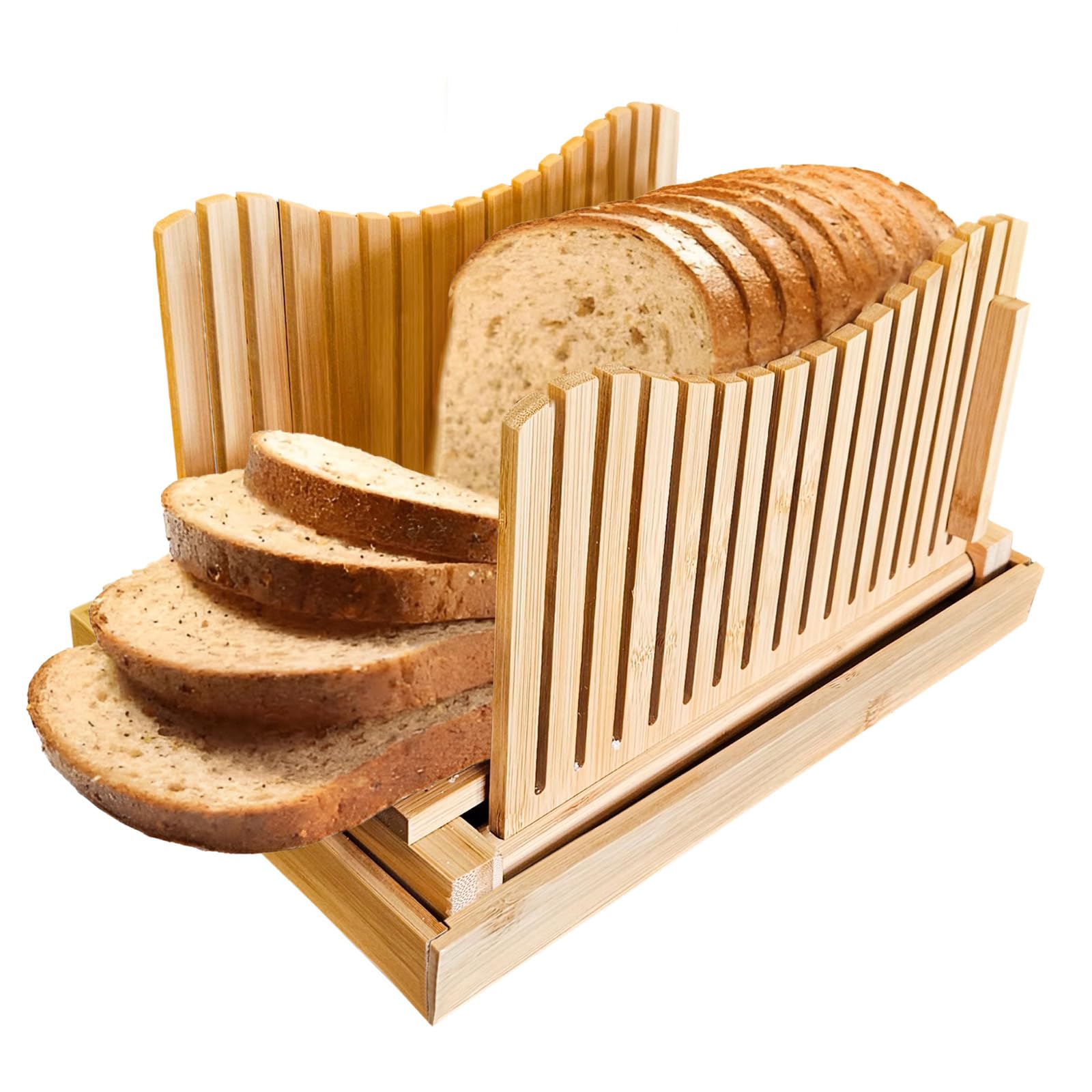 Bamboo Bread Slicer for Homemade Bread with Crumb Catcher - Wooden Bread Cutting Board Guide for Home Use with Adjustable Thickness - Loaf Cutter - Foldable Compact (36 x 21 x 14.3cm)