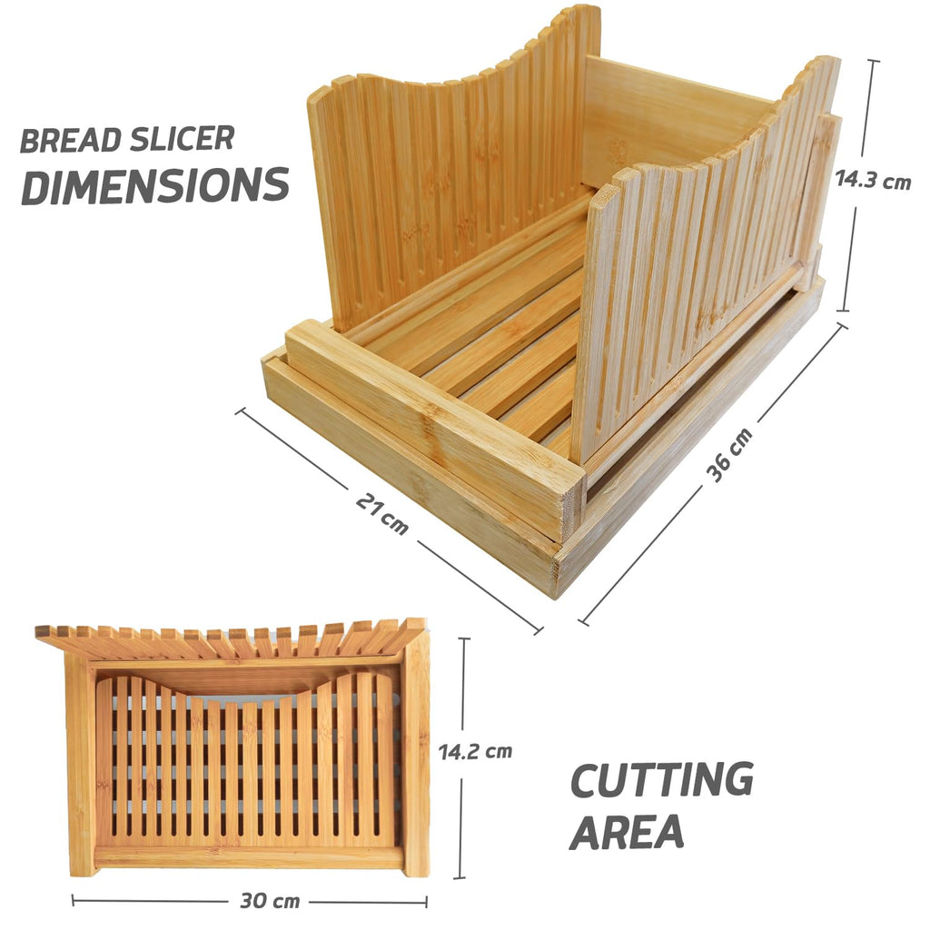 Bamboo Bread Slicer – Adjustable Thickness Loaf Cutter, Crumb Catcher Tray, Food-Safe Wood