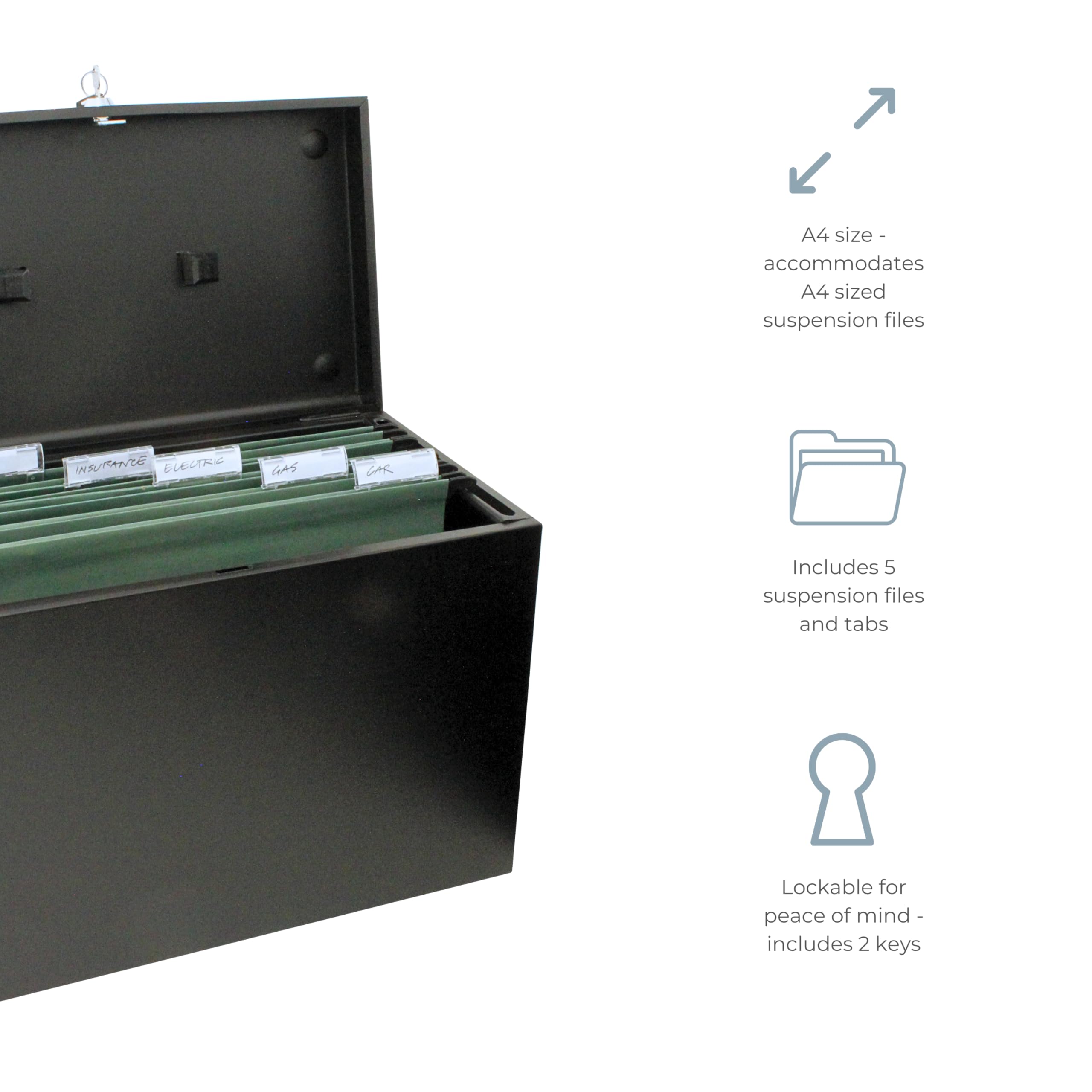 Cathedral A4 Steel File Box with Starter Pack of 5 Suspension Files - Black