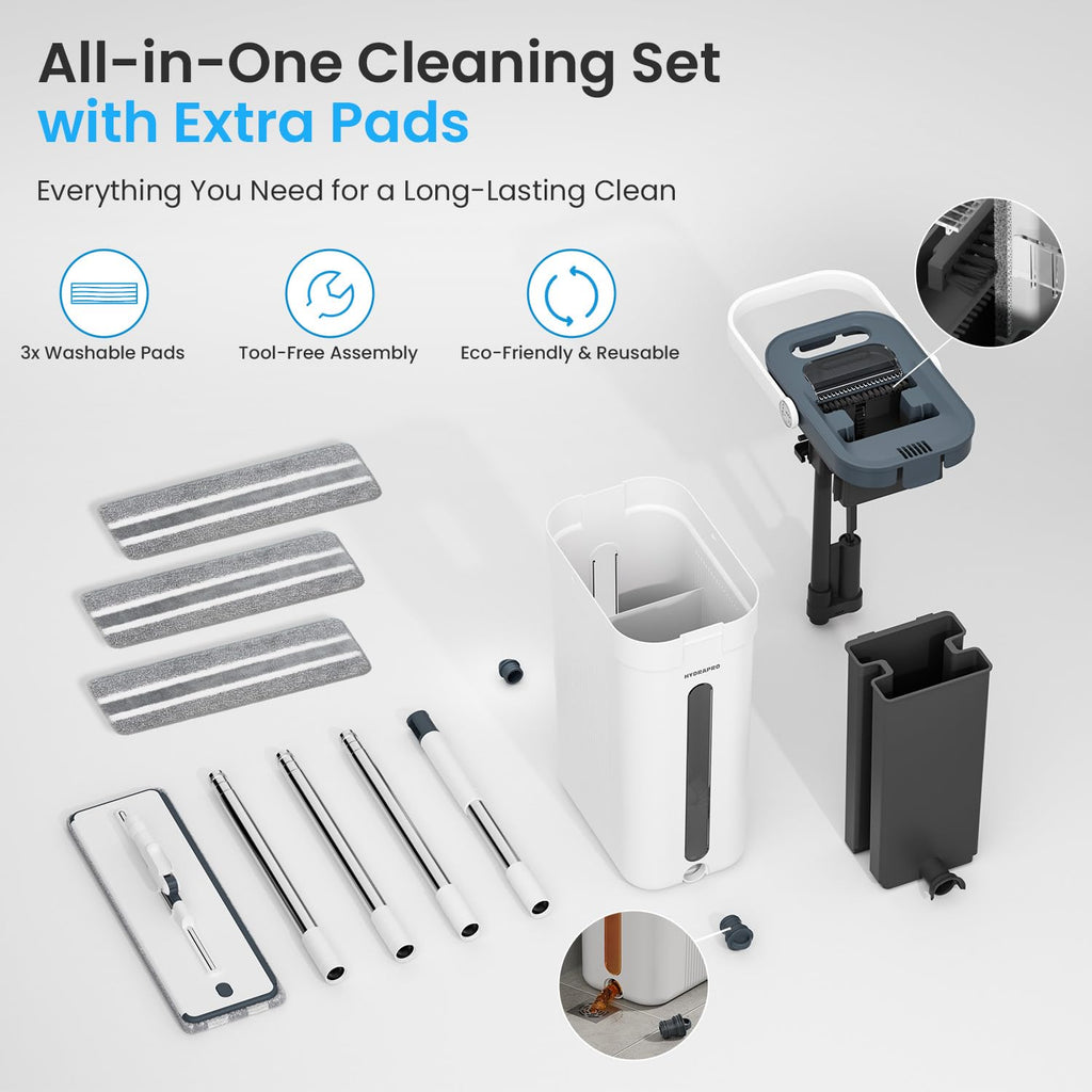 HydraPro Flat Mop and Buckets Sets – True Clean/Dirty Water Separation System with 3 Microfibre Heads
