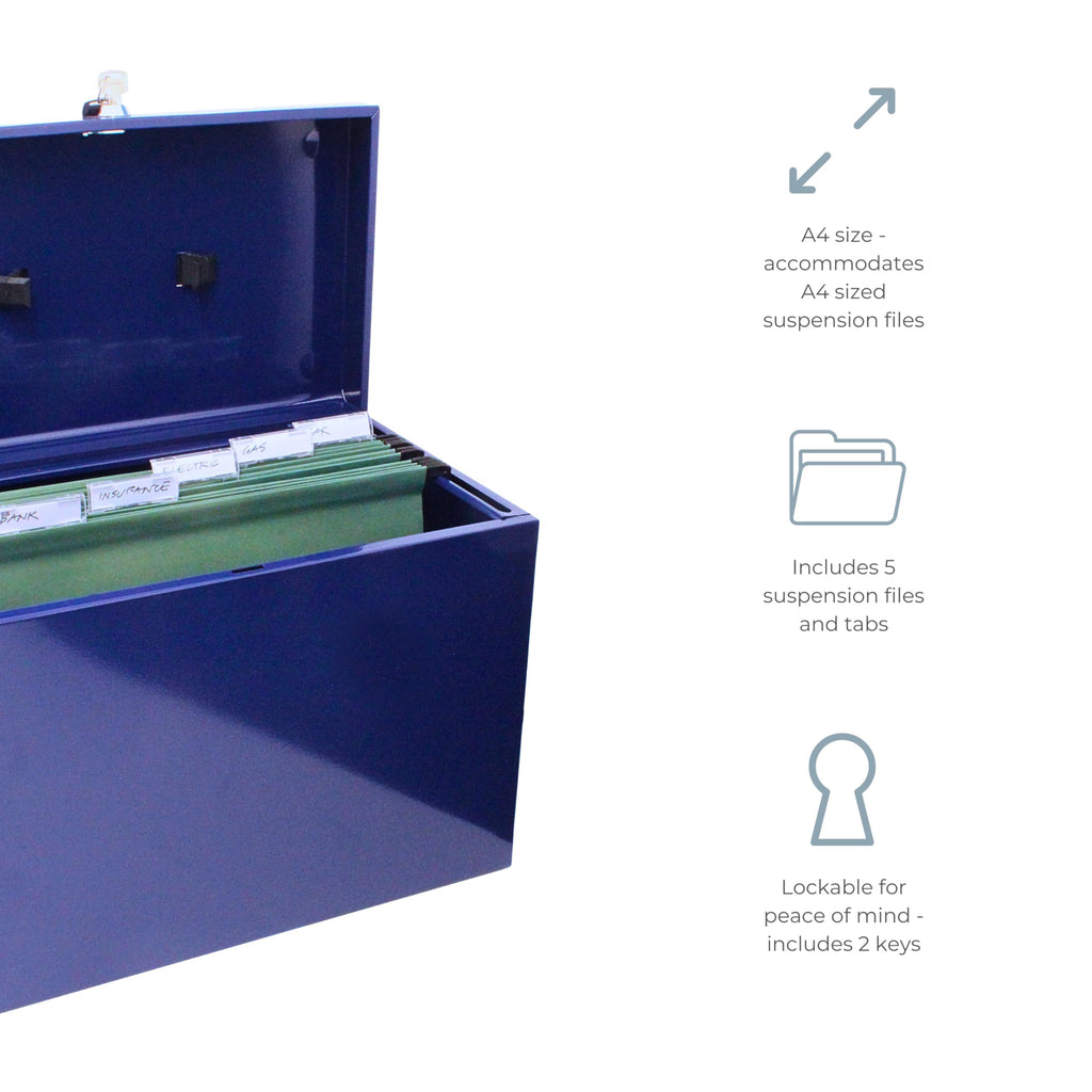 Cathedral A4 Steel File Box with Starter Pack of 5 Suspension Files - Blue