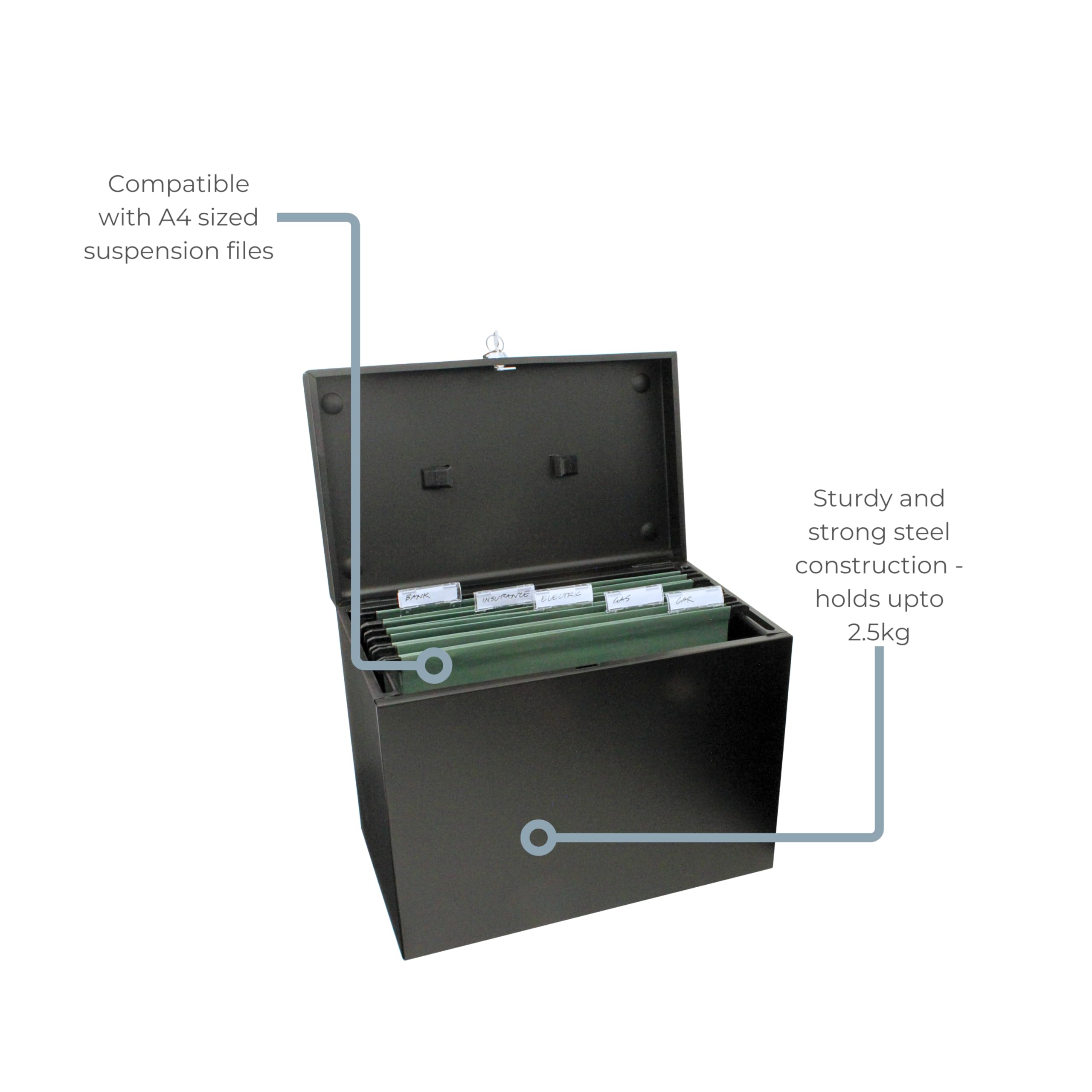 Cathedral A4 Steel File Box with Starter Pack of 5 Suspension Files - Black