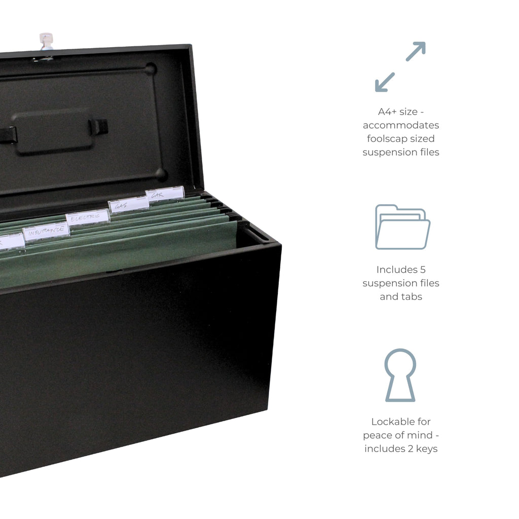 Cathedral A4+ (Foolscap) Steel File Box with Starter Pack of 5 Suspension Files - Black