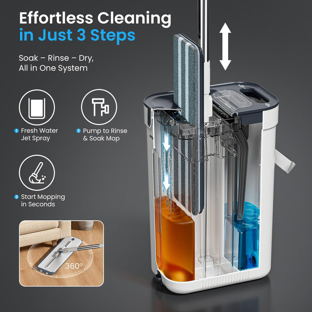 HydraPro Flat Mop and Buckets Sets – True Clean/Dirty Water Separation System with 3 Microfibre Heads