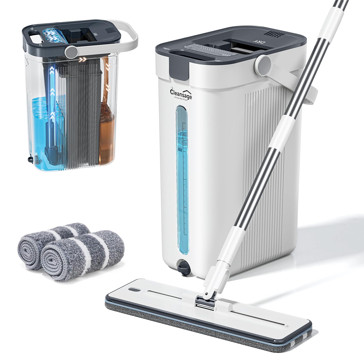 Cleansage® HydraPro Flat Mop and Buckets Sets – True Clean/Dirty Water Separation System with 3 Microfibre Heads, 360° Swivel, Edge Squeegee, Floor Tiles Glass Wall Cleaner Mop for Residential, Office