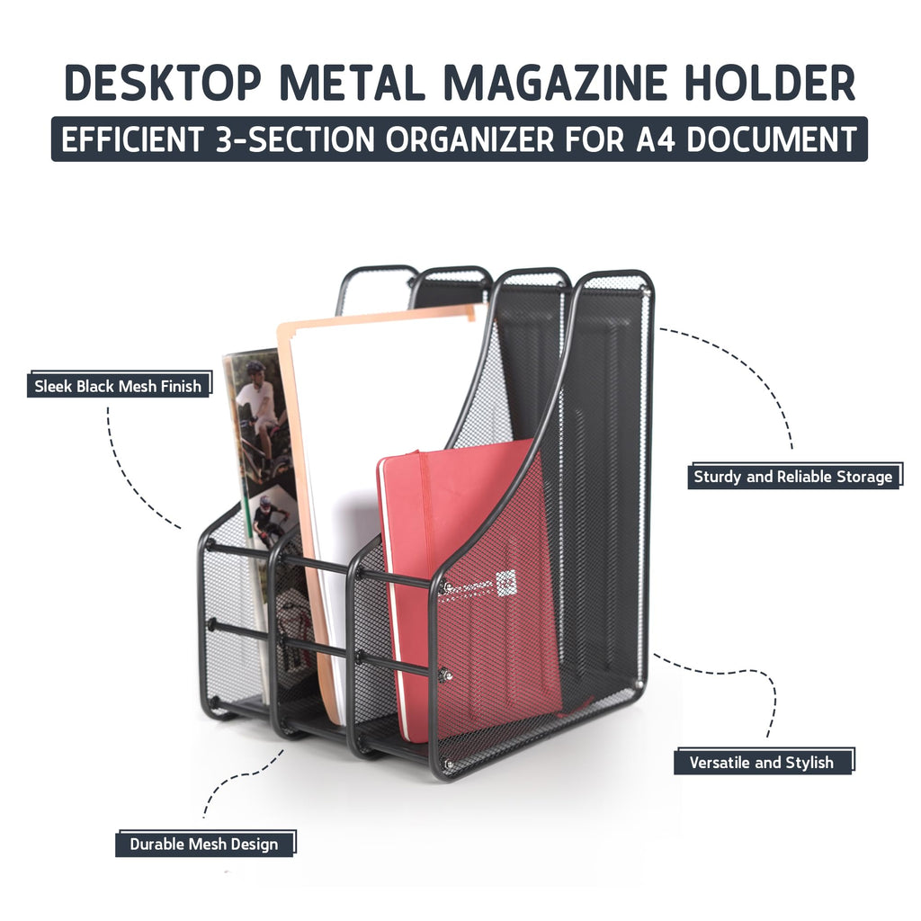 Magazine File Holder Desktop – 3 Section A4 Document Organiser, Metal Mesh, Black