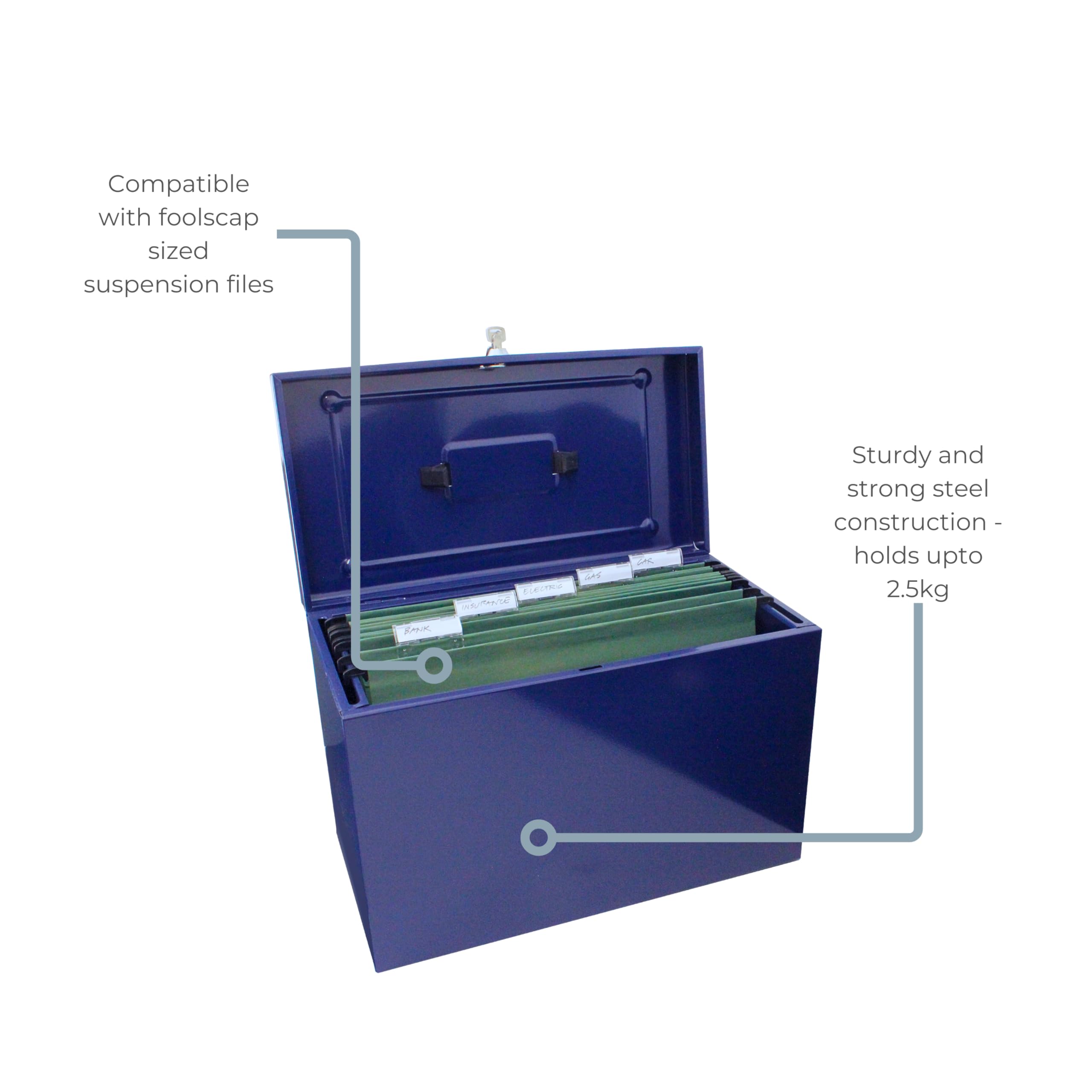 Cathedral A4+ (Foolscap) Steel File Box with Starter Pack of 5 Suspension Files - Blue