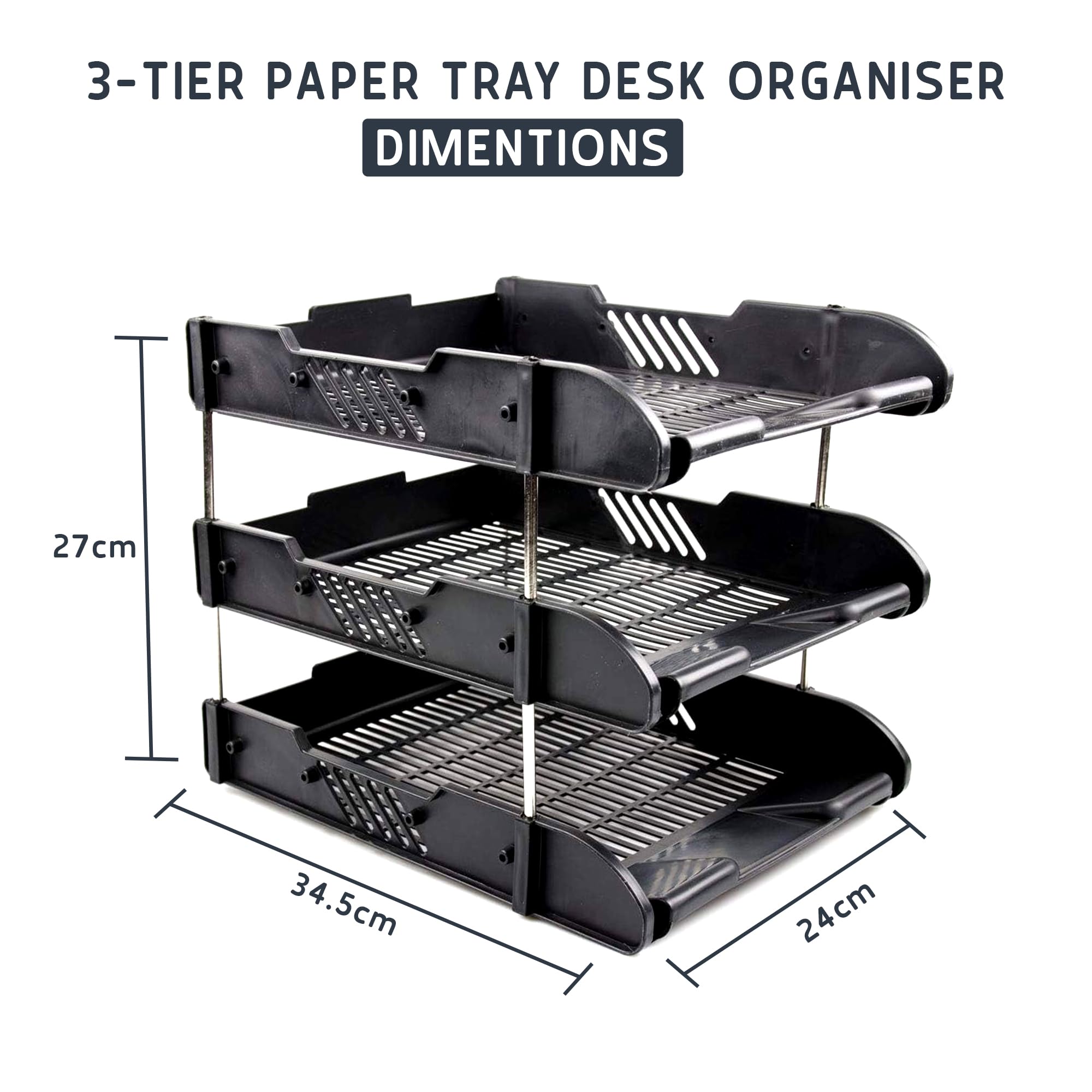 3-Tier Paper Tray - Stackable Desk Organiser Tray - Filing Trays for Letters, Paper, Documents, Magazines