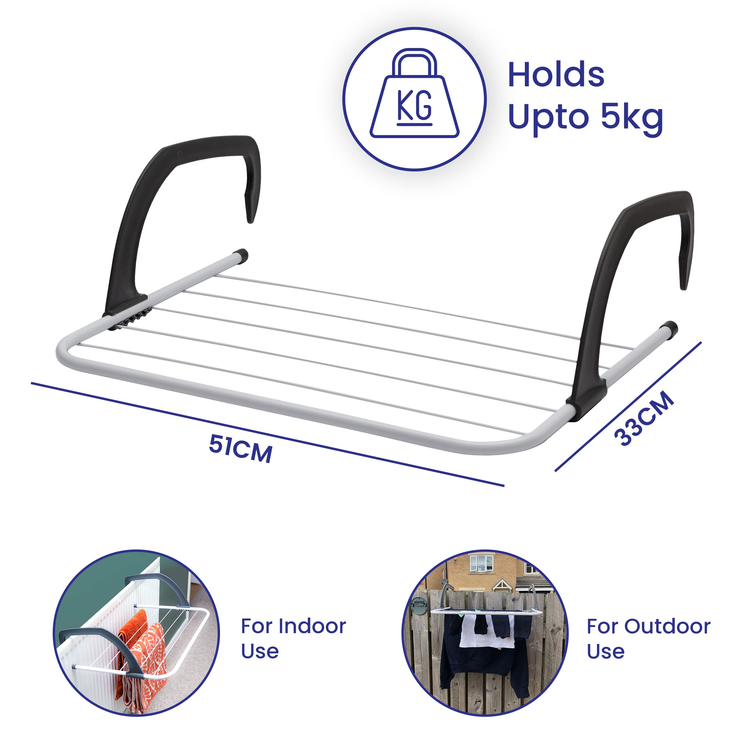 Over Radiator Clothes Airer – 5 Bar Drying Rack, Adjustable Arms, 33x52cm, Indoor & Outdoor