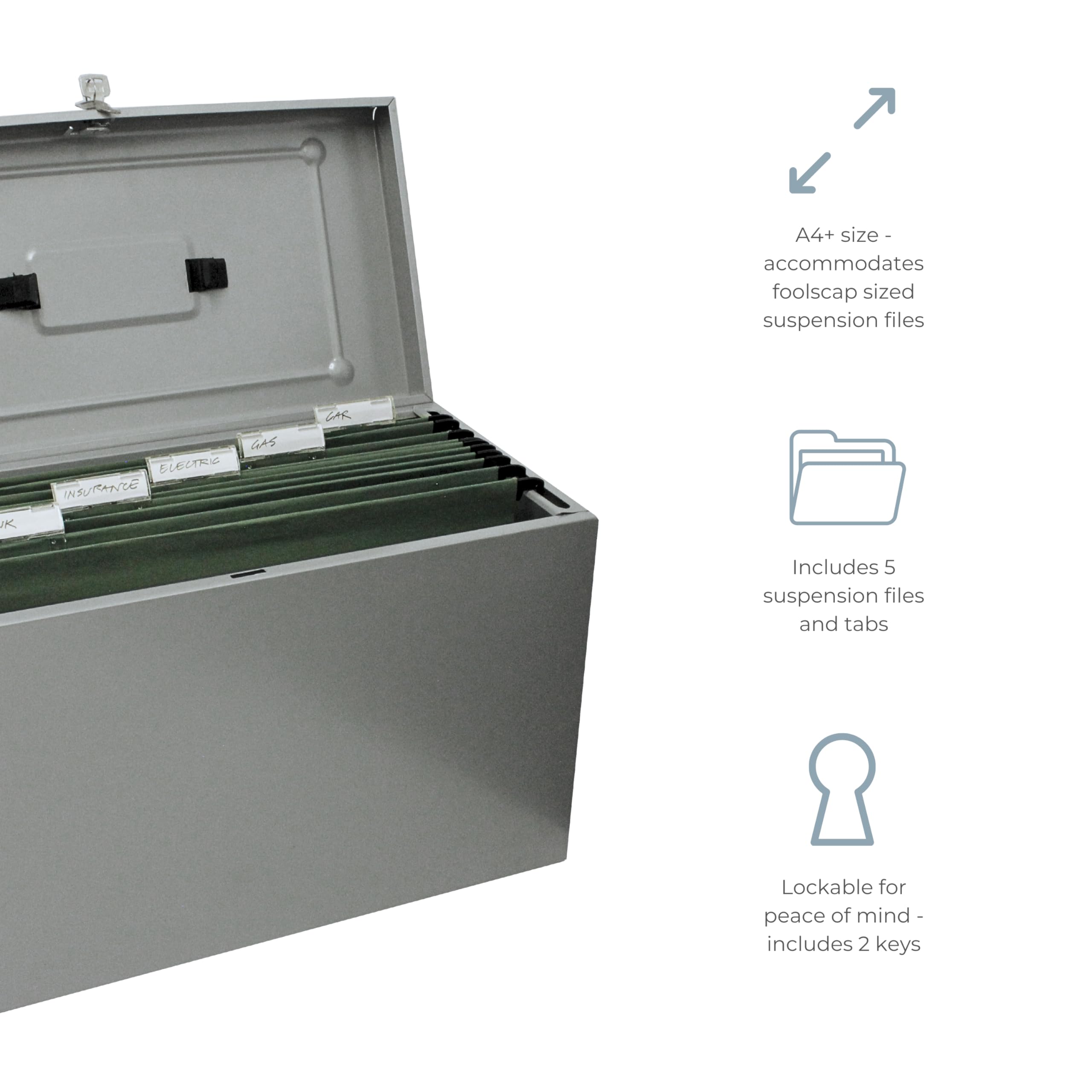 Cathedral A4+ (Foolscap) Steel File Box with Starter Pack of 5 Suspension Files - Grey