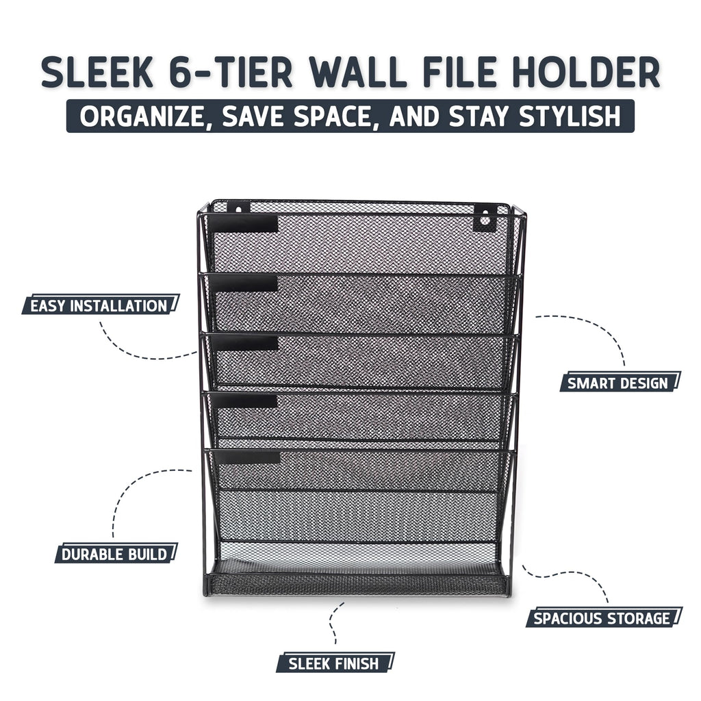 Wall Mounted Magazine Rack – 6-Tier Metal Mesh File & Document Holder, A4