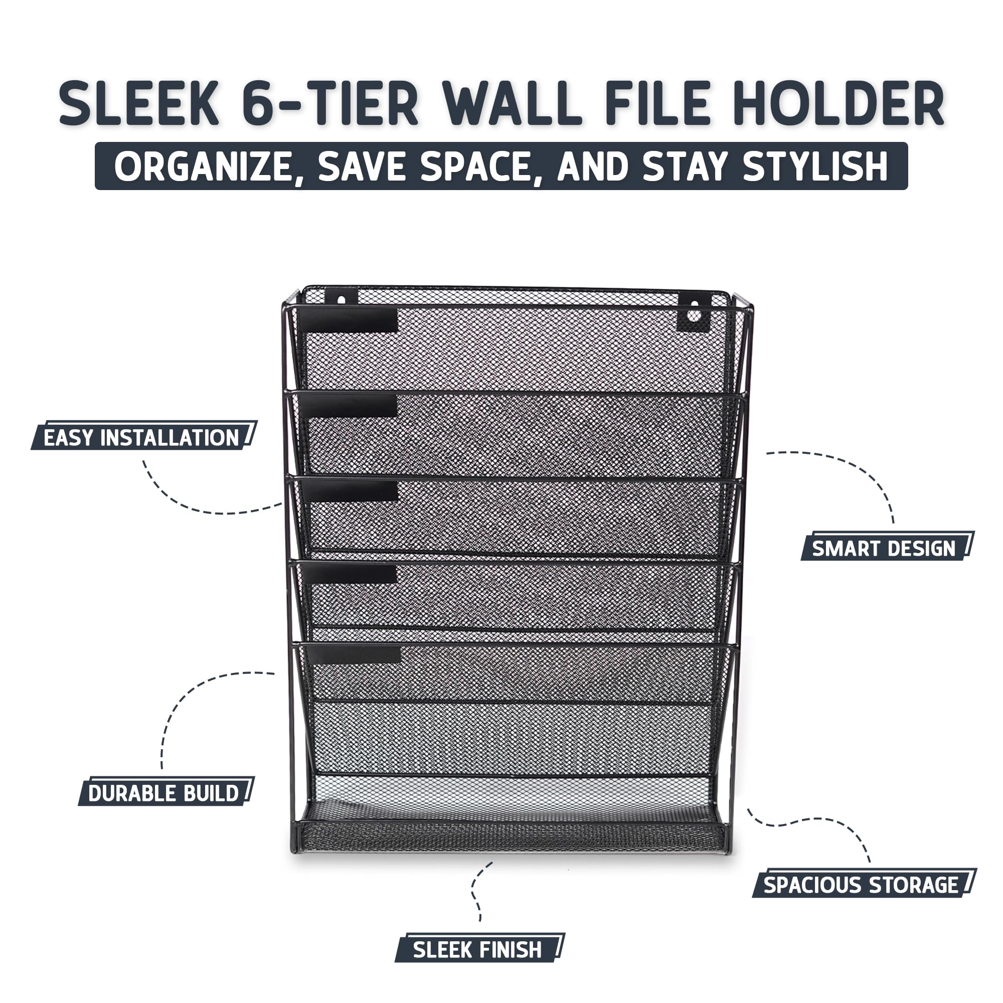 Wall Mounted Magazine Rack – 6-Tier Metal Mesh File & Document Holder, A4