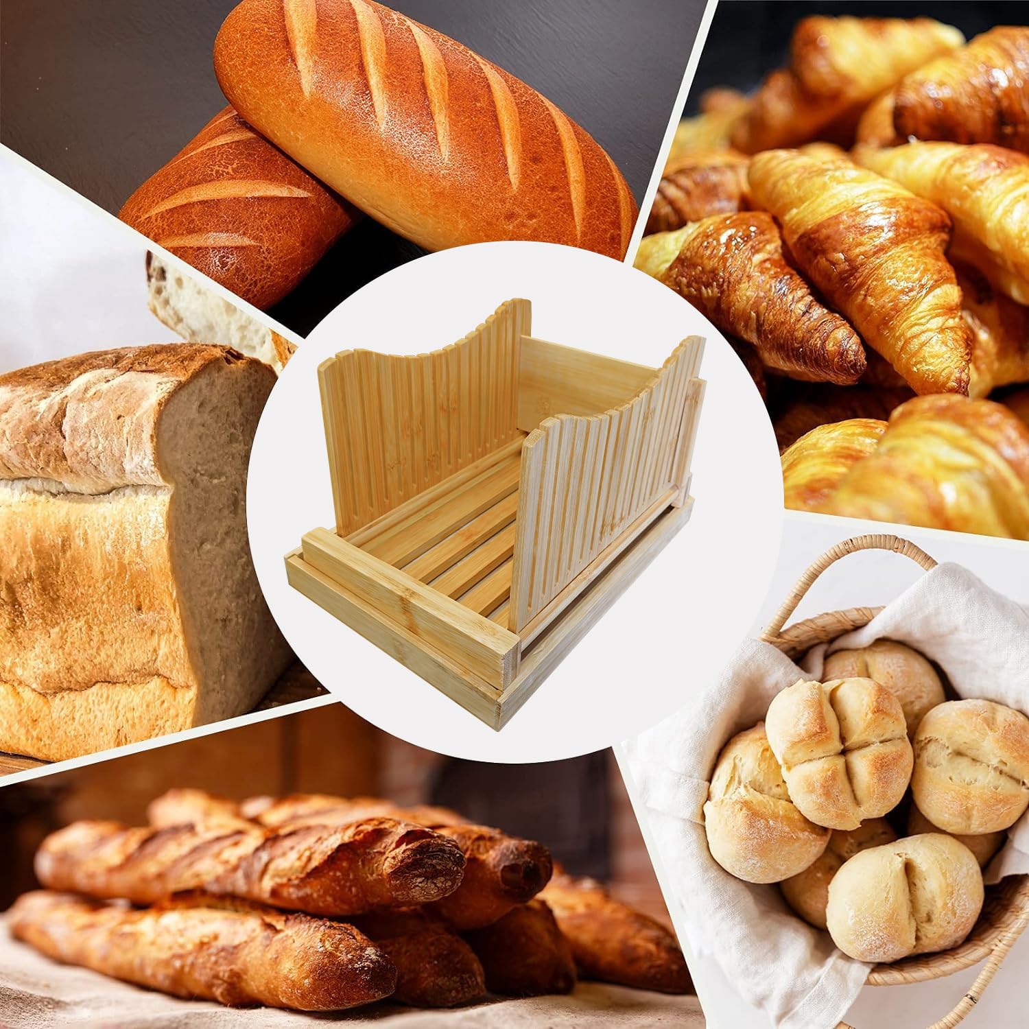 Bamboo Bread Slicer – Adjustable Thickness Loaf Cutter, Crumb Catcher Tray, Food-Safe Wood