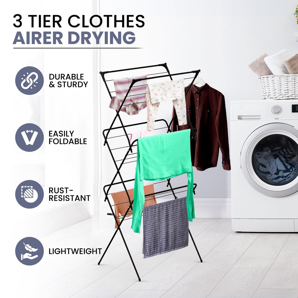 Clothes Airer 3-Tier Folding – Compact Maiden Drying Rack, 18m, 10kg, Metal, Black