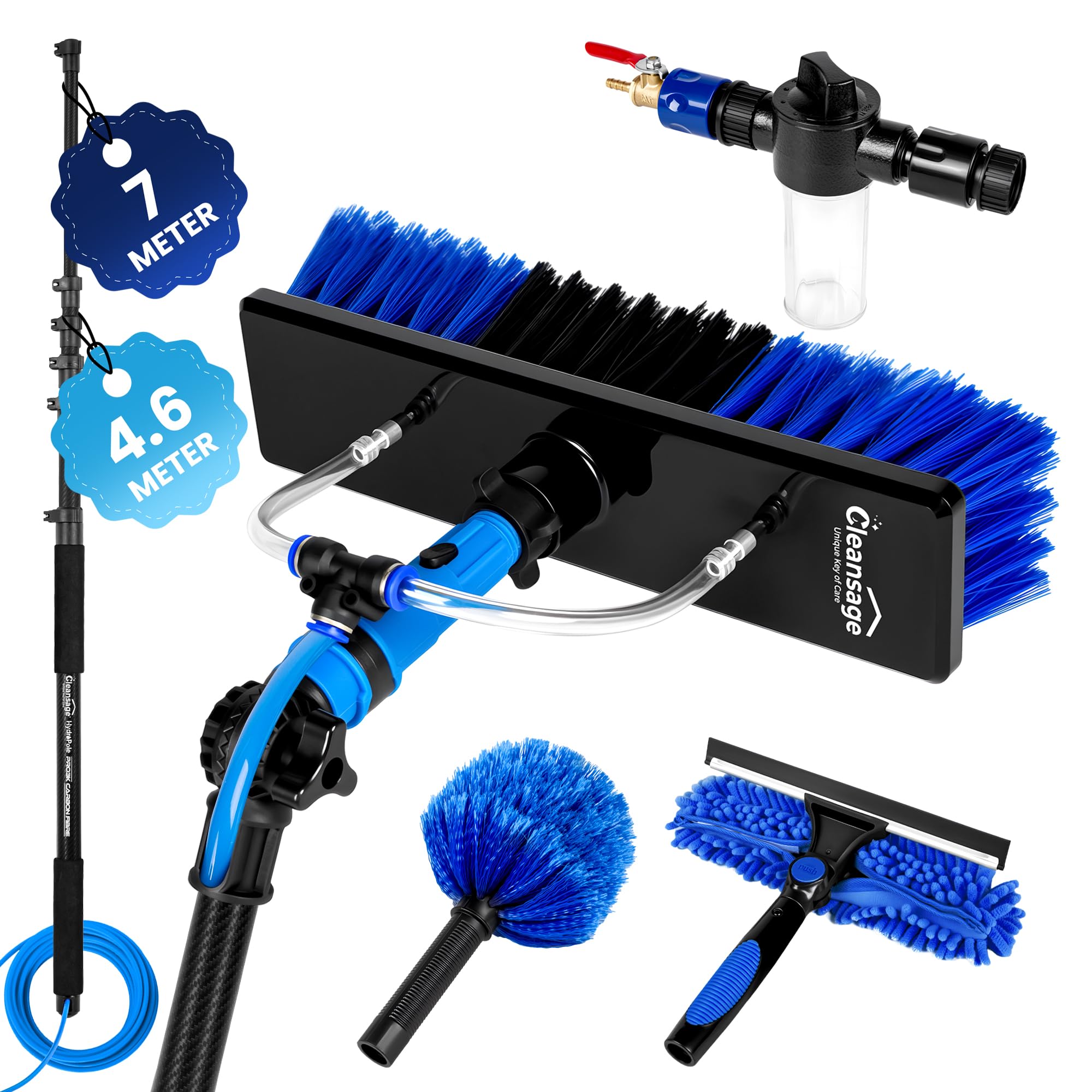 HydroPole Pro3K Carbon Fibre Telescopic Window Cleaner Water Fed Pole Equipment, Long Reach Extendable Glass Conservatory Roof, Fascia, Solar Panel Cleaning Brush, Squeegee, Cobweb Duster Kit (4.6m)