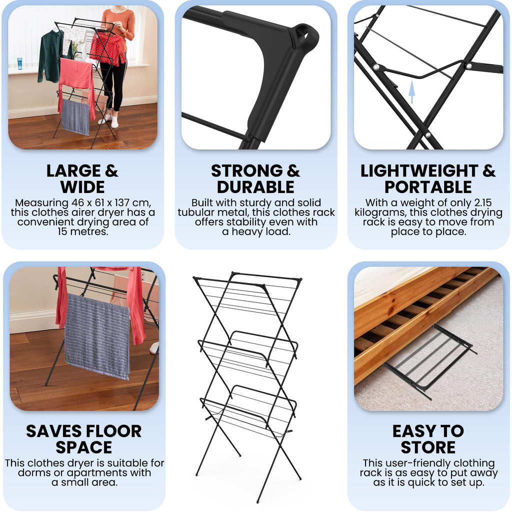 Clothes Airer 3-Tier Folding – Compact Maiden Drying Rack, 18m, 10kg, Metal, Black