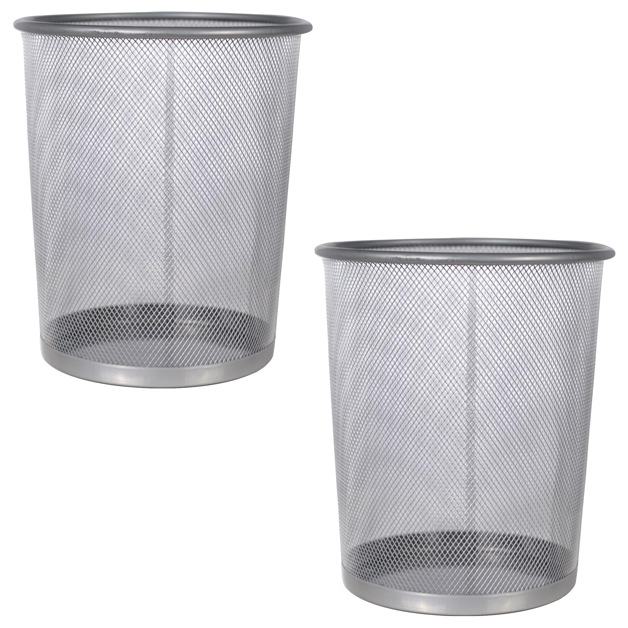 Set of 2 Silver Bin Waste Basket - Wire Mesh Trash Bin for The Office, Bedroom, Bathroom, Lounge, University Dorm Rooms - Modern & Space-Saving Baskets with Solid & Stable Base, Heavy Duty Metal